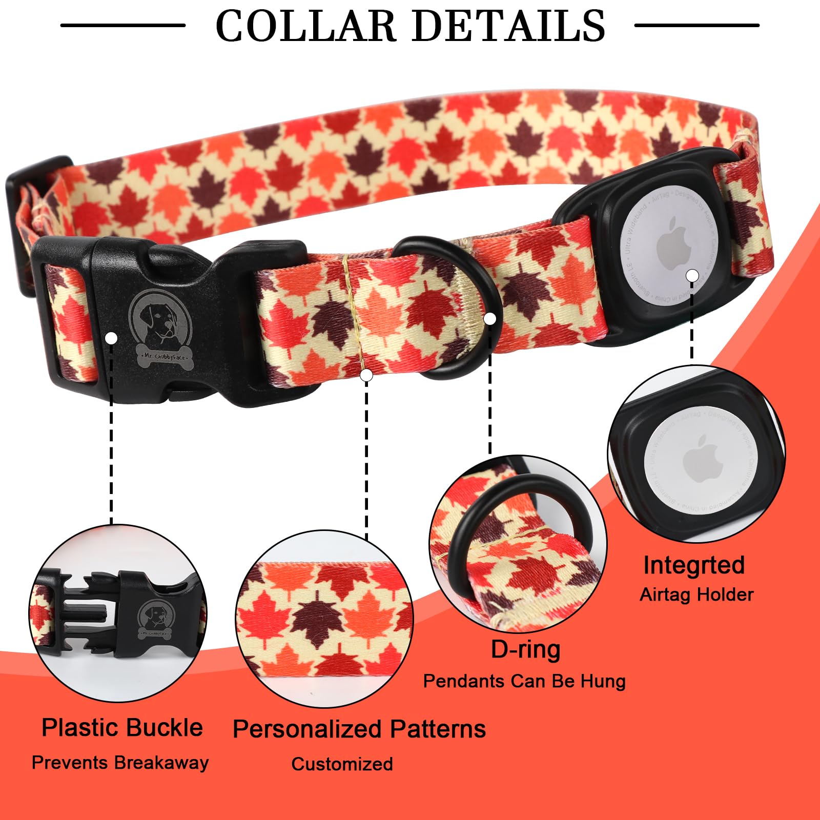 Mr.Chubbyface Fall Dog Collar With Apple Airtag Holder Orange Maple Leaves Dog Collar For Small Medium Large Boy Girl Dogs