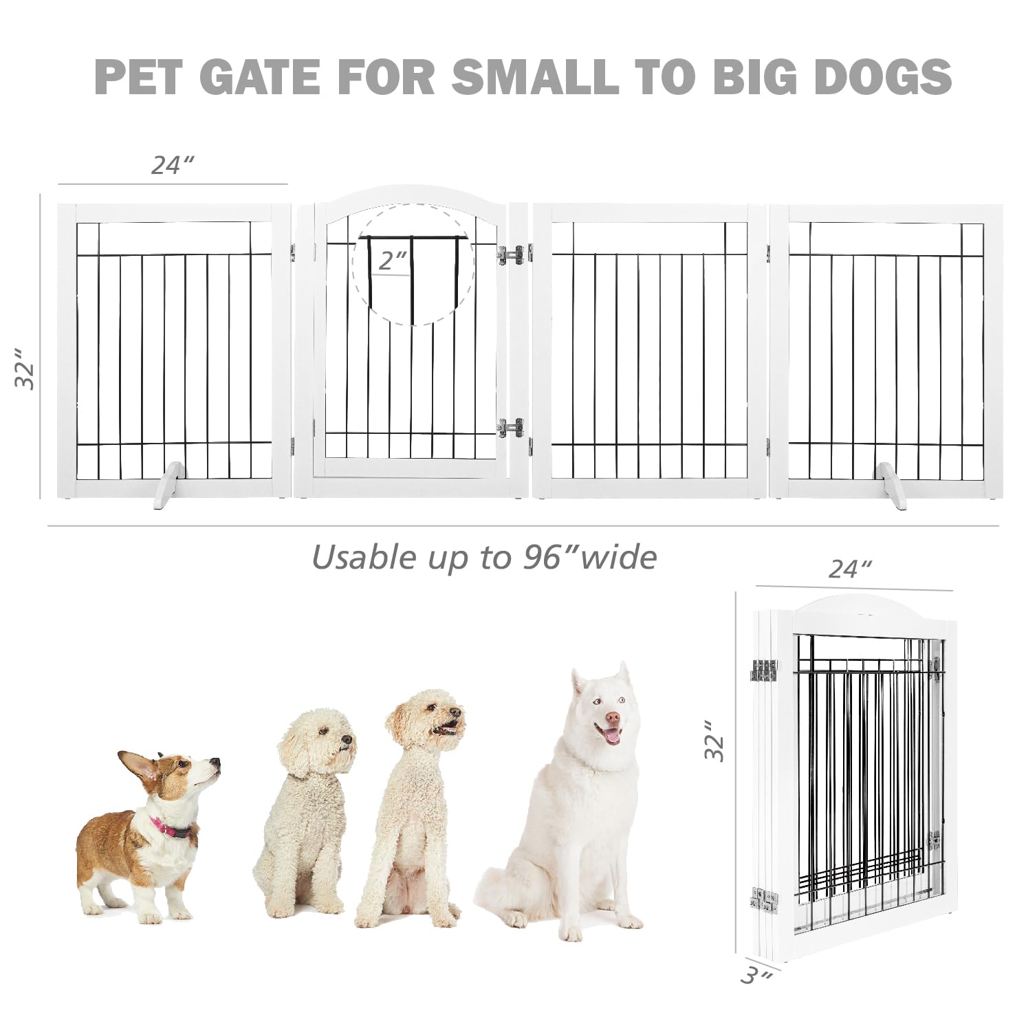 Spirich 96-Inch Extra Wide 30-Inches Tall Dog Gate With Door Walk Through, Freestanding Wire Pet Gate For The House, Doorway, Stairs, Pet Puppy Safety Fence, Support Feet Included (White)