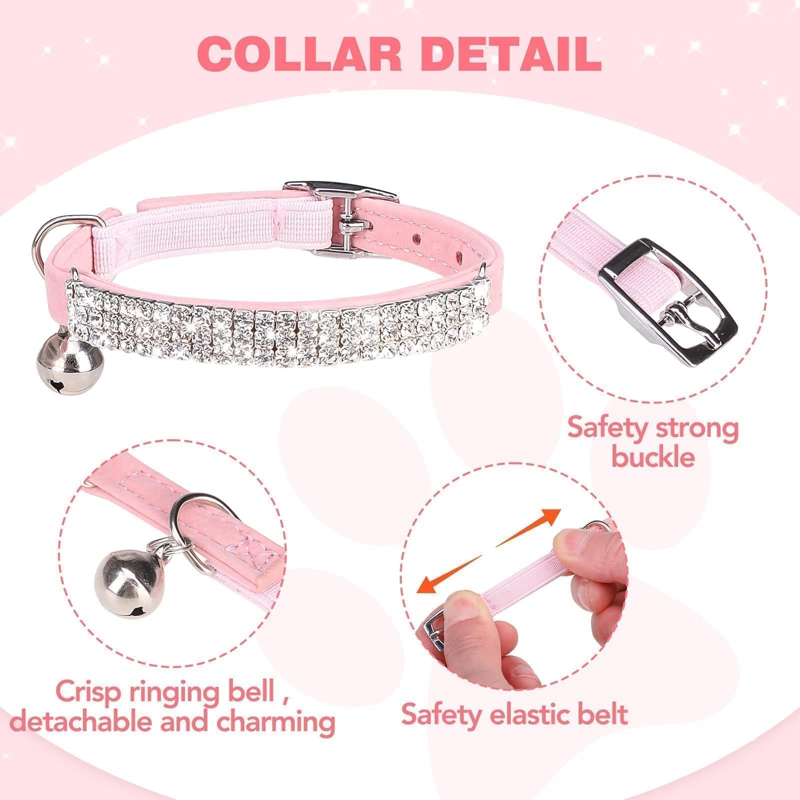 BINGPET Diamond Cat Collar,Adjustable Soft Velvet Leather Safe Kitten Collar with Shiny Rhinestones and Bells,Girl Boy Bling Sty