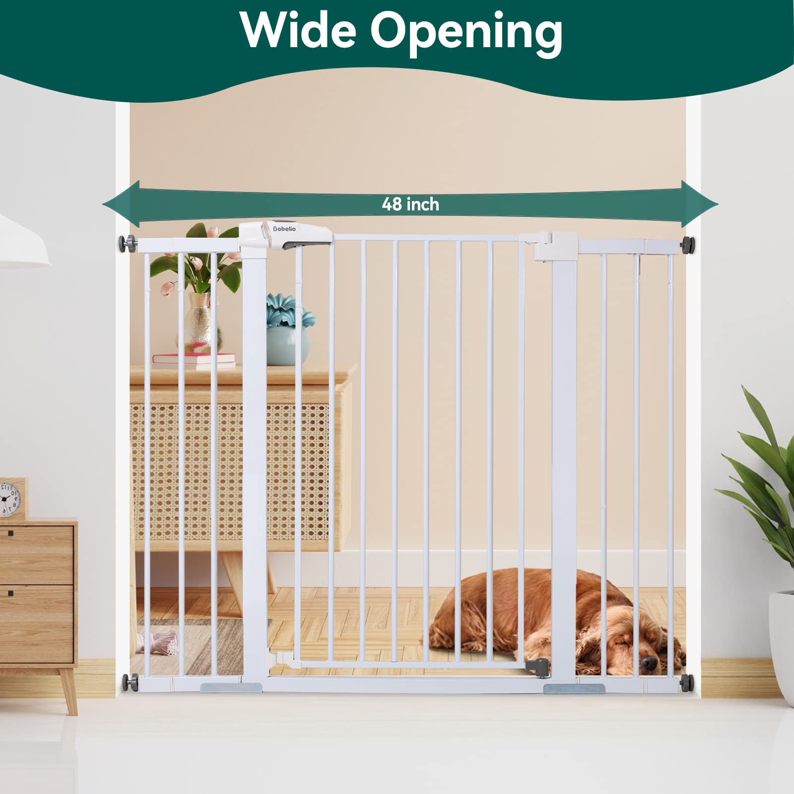Babelio 36' Tall Baby Gate, 29-48' Auto Close Pressure Mounted Dog Gate For Stairs, Doorways & Hallway, Protector Basics Easy Walk Thru Pet Gate, Metal Child Gate With 2*Y Spindle Rods, White