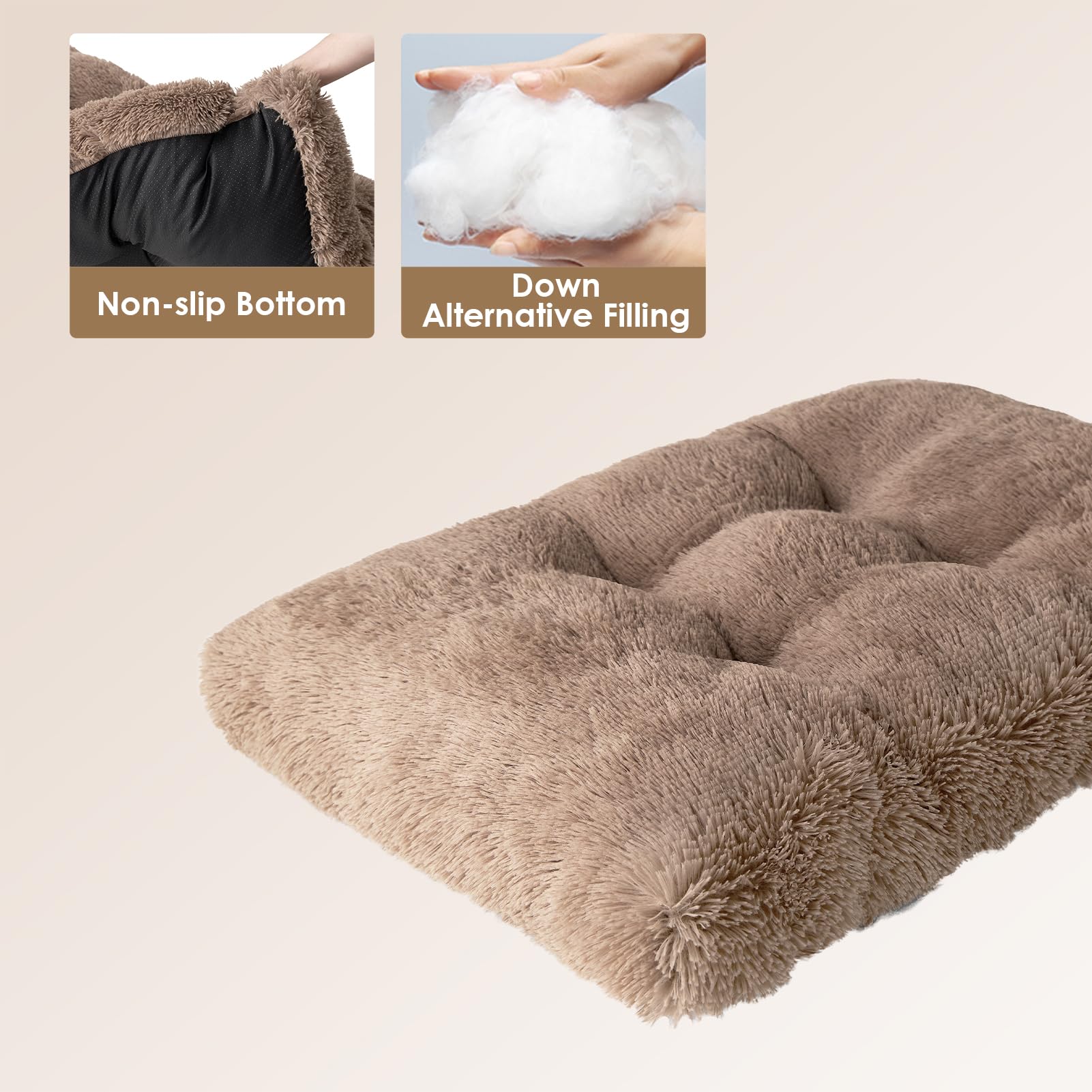 EHEYCIGA Fluffy Dog Crate Bed, XL 41.3x27.5, Plush Faux Fur, Washable, Non-Slip Bottom, Camel Color