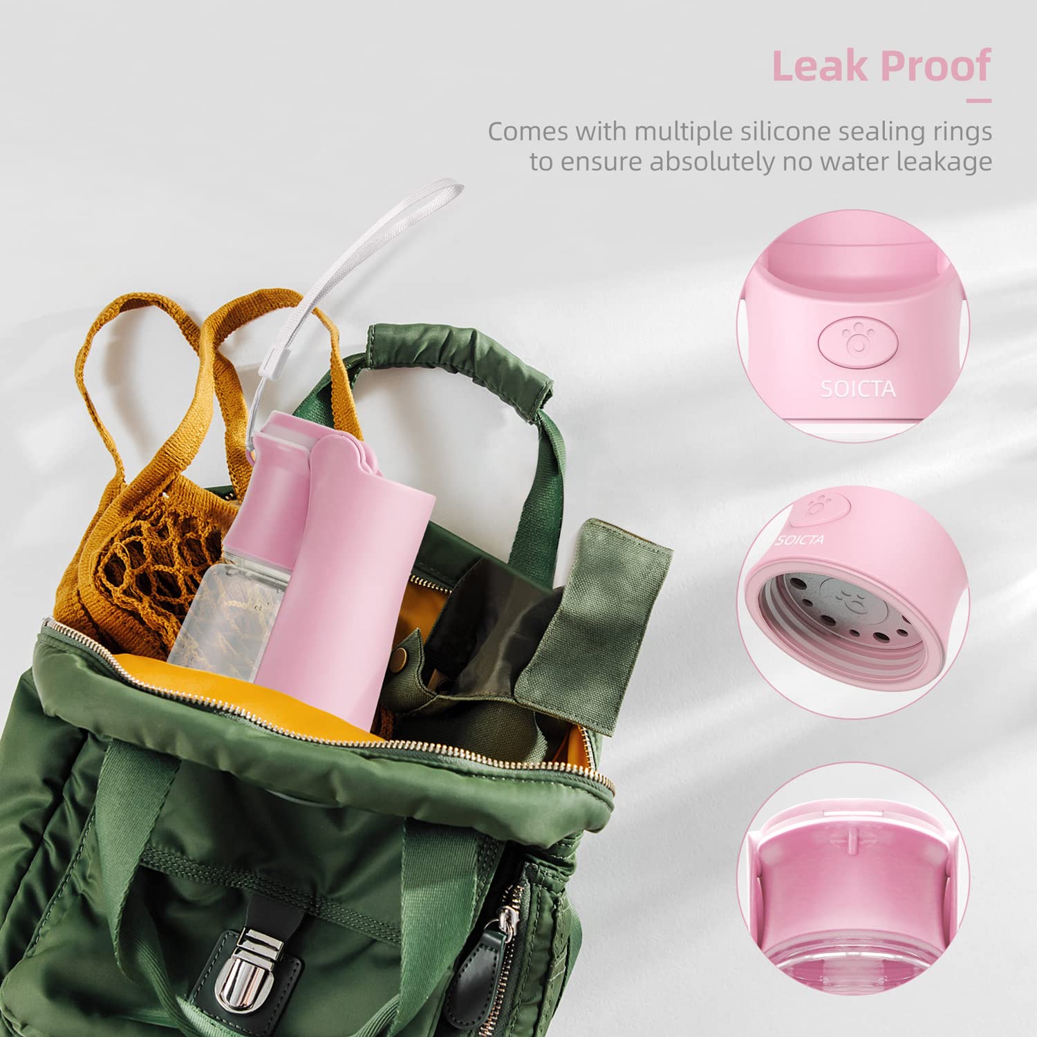 SOICTA Portable Dog Water Bottle Dispenser 19OZ - Foldable Pink Pet Water Bottle for Small Medium Large Dogs