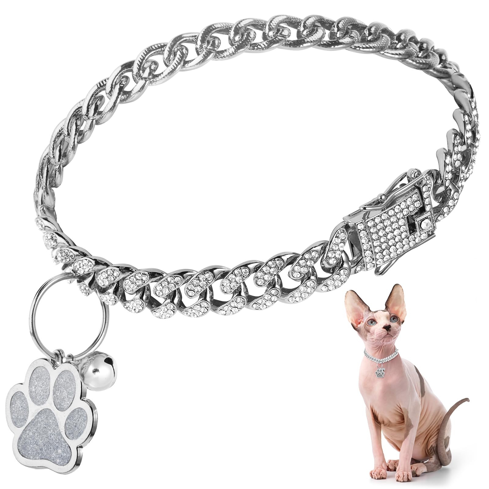 Hillban Cat Collar Diamond Chain Glitter Collar Walking Metal With Secure Buckle Cat Pet Necklace With Paw Charm Link Cuban Jewelry Accessories With Id Tag Bell(10 Inch,Silver)