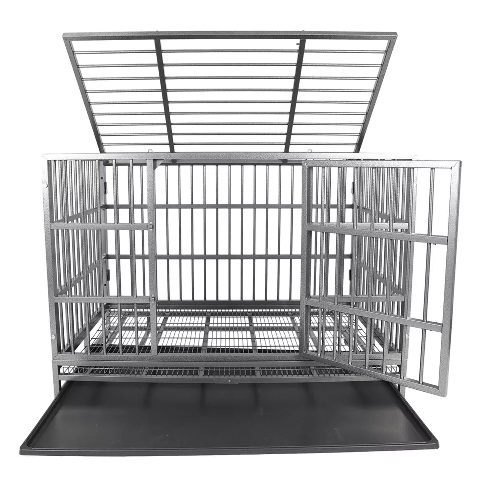 Indestructible Dog Crate Cage Kennel, 47 Inches, High Anxiety Dog Crate With Removable Trays, Wheels And Double Door, For Medium