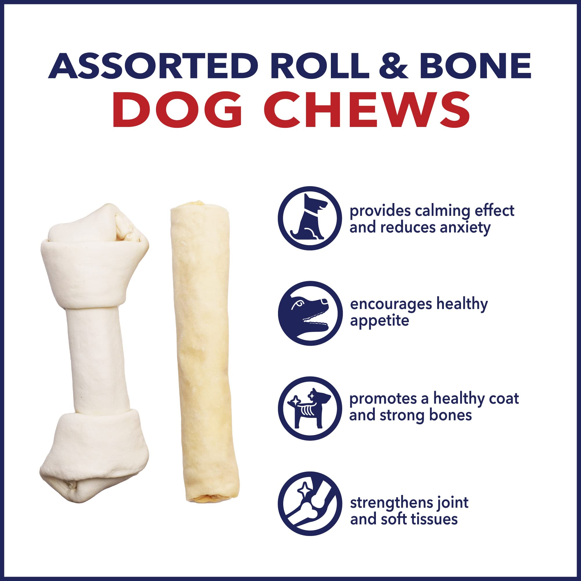 Pet Factory 100% Made in USA Beefhide 8-9 Assorted (Bones & Rolls) Dog Chew Treats - Natural Flavor, 6 Count/1 Pack