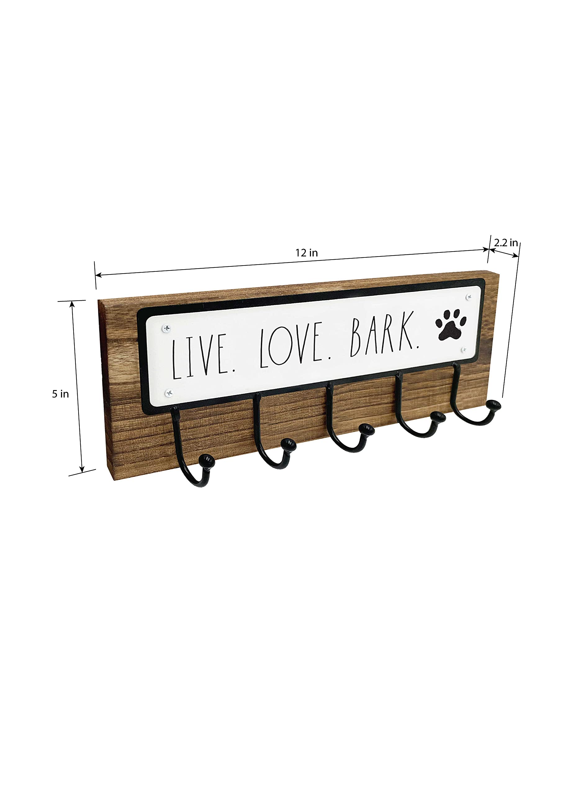 Rae Dunn Dog Leash Holder For Wall - Cute Dog Leash Hook Holder And Wall Mount Hanger Organizer For Pet Items, Keys, Collar And Leashes - Pet Themed Messages With Paw Print - Dark Wood