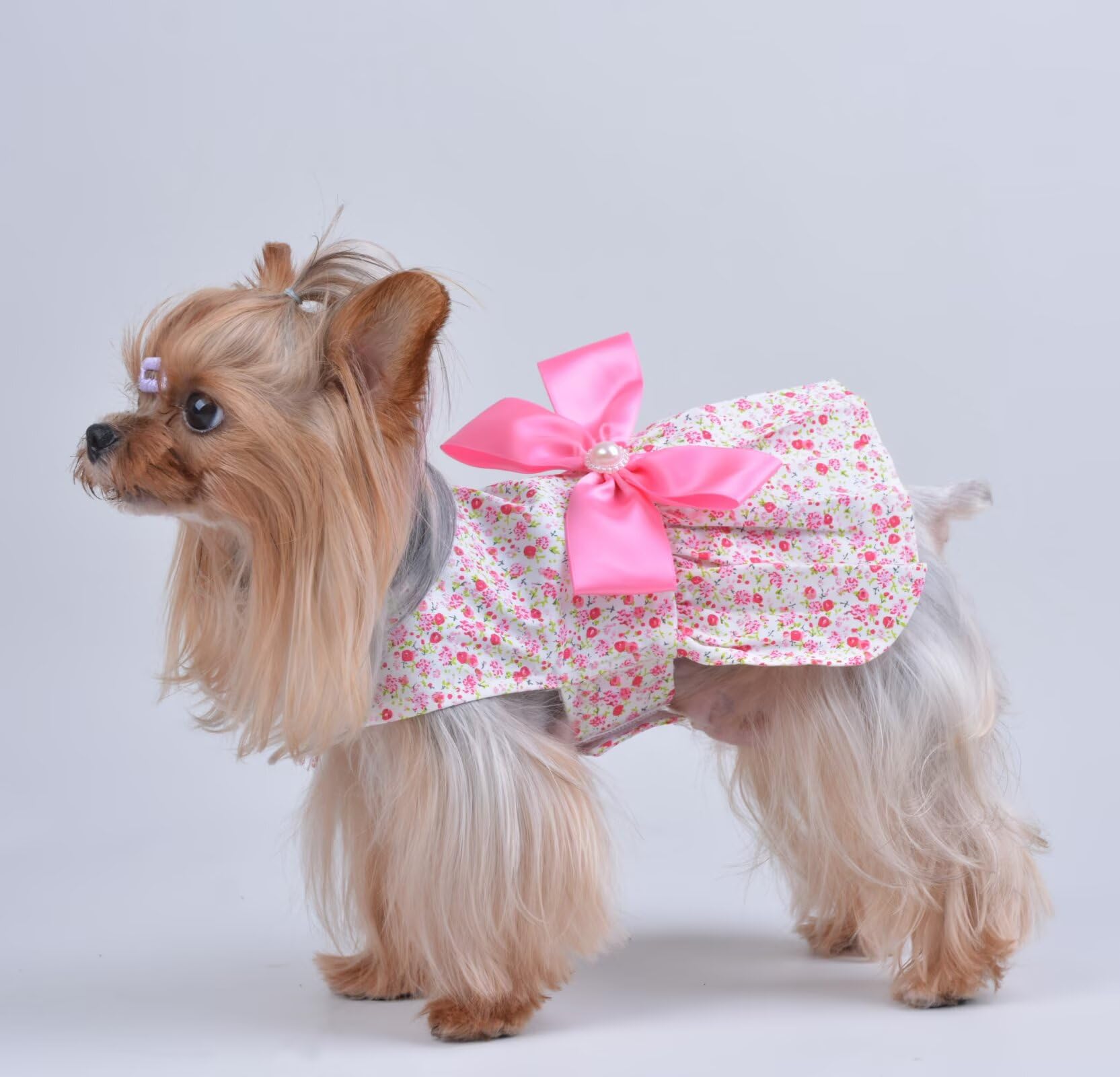 Msnfoasm Floral Print Dog Dress With Satin Bow And Pearl For Small Dogs Girl, Cat Apparel,Pink, Medium