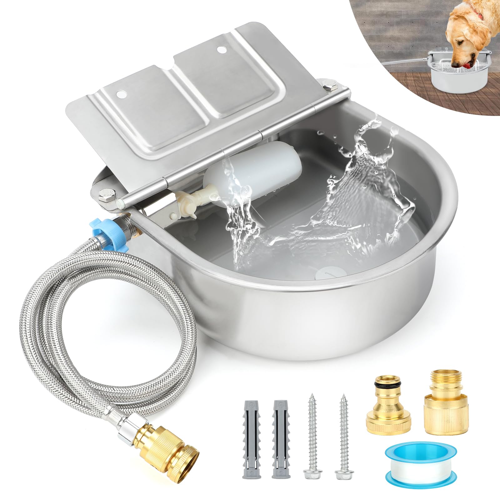 FHTONGE 304 Stainless Steel Automatic Dog Water Bowl Dispenser with Drainage and Float Valves, Large Auto Fill Dog Waterer for O