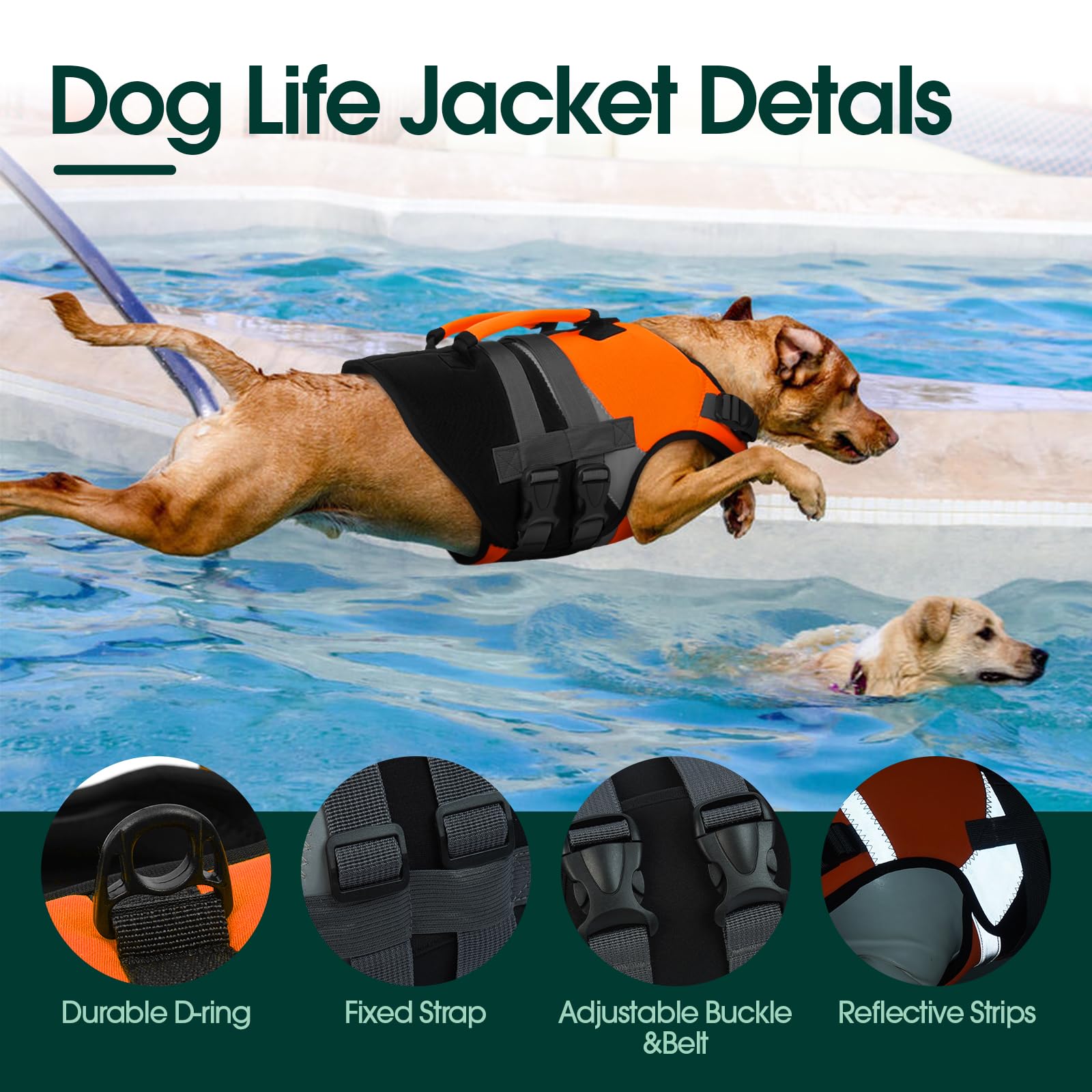 Kuoser Dog Life Jacket Xl, High Flotation Dog Life Vest For Swimming Boating, Reflective Dogs Swimsuit Lifejacke With Double Res