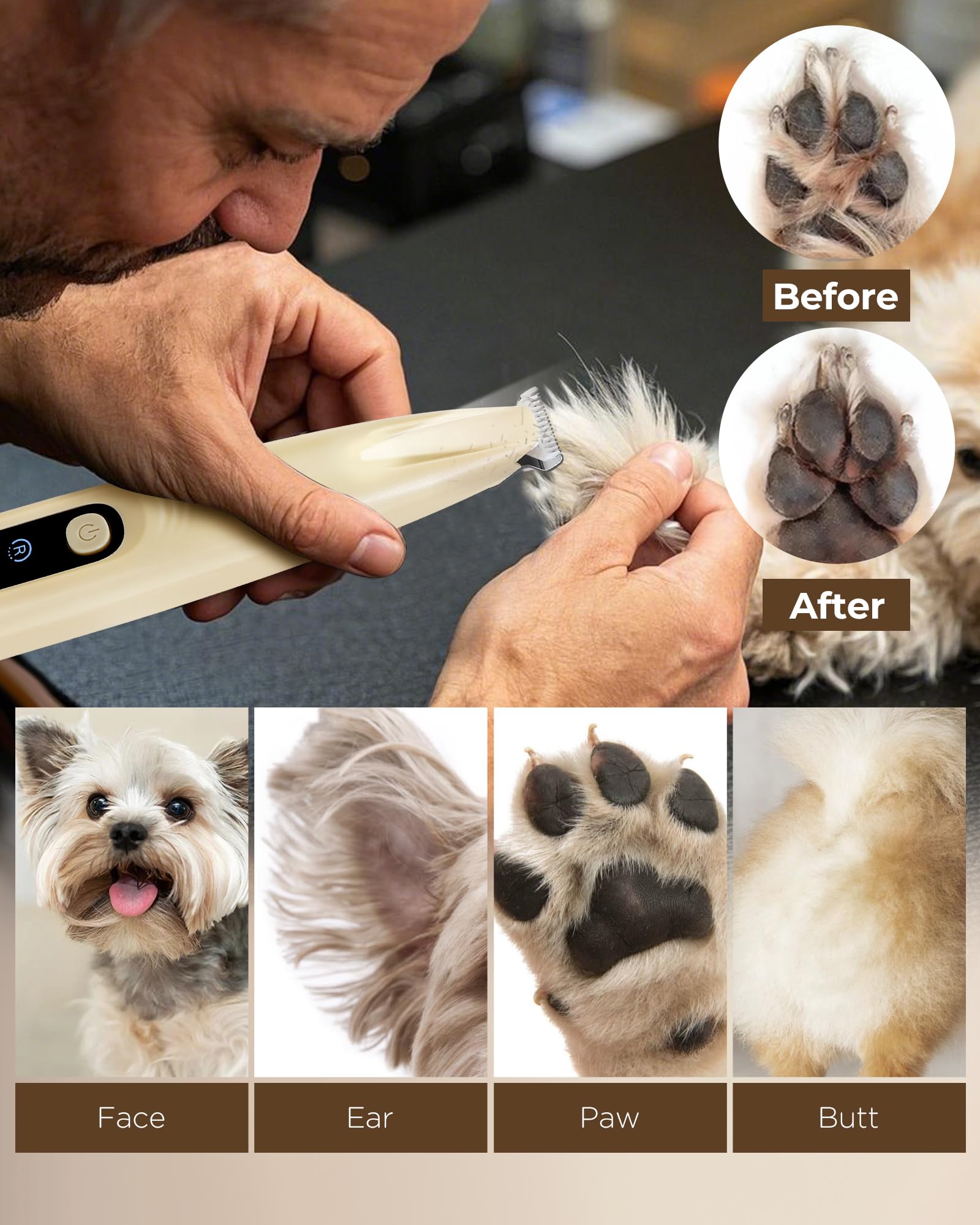 FURBONA Dog Paw Trimmer PT04YE, 18mm Blade, LED Display, Low Noise, Waterproof, Rechargeable, Yellow