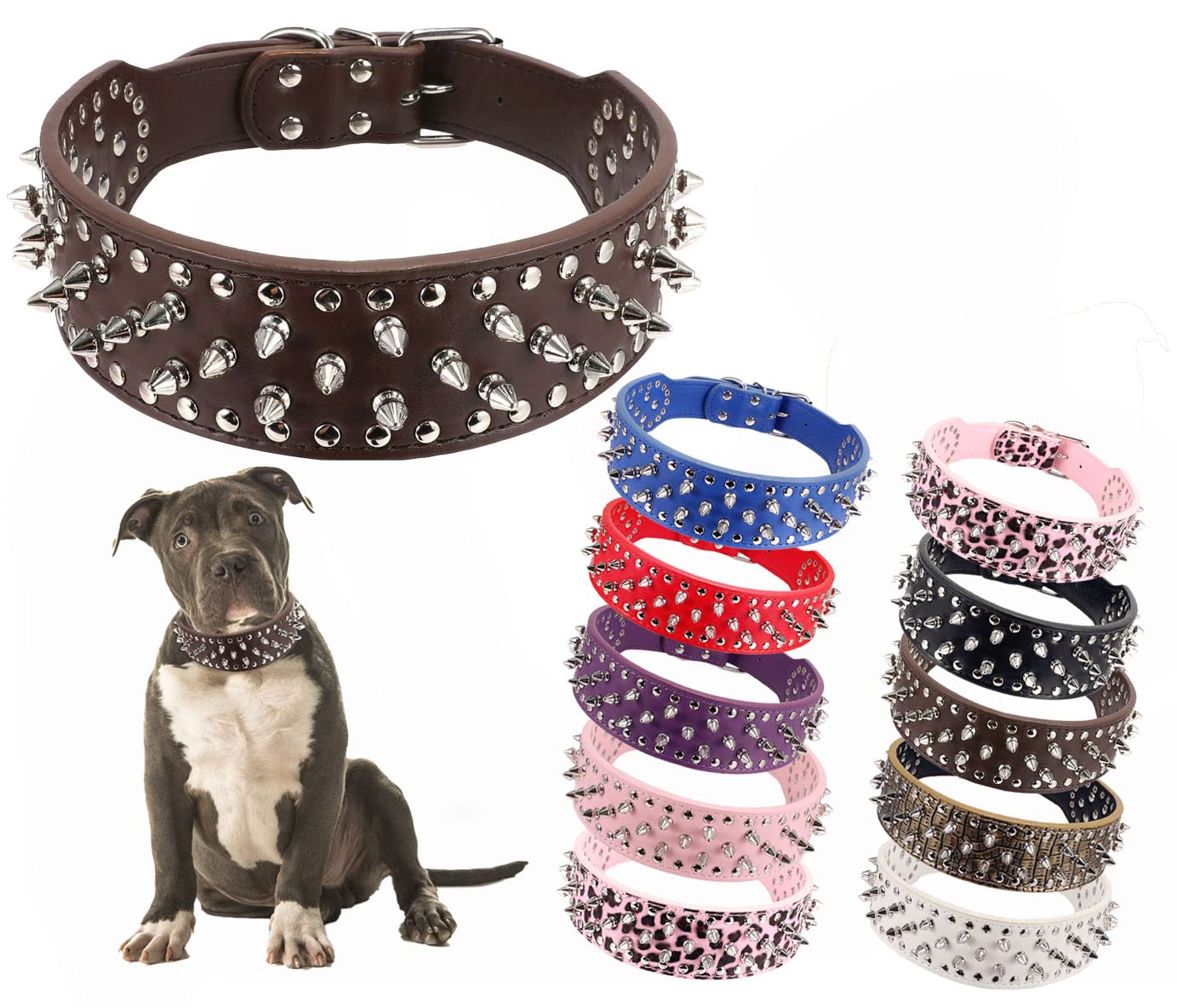 Hoot Pu Leather Adjustable Spiked Studded Dog Collar 2 Wide 31 Spikes (S(Neck 17-20), Dark Brown)