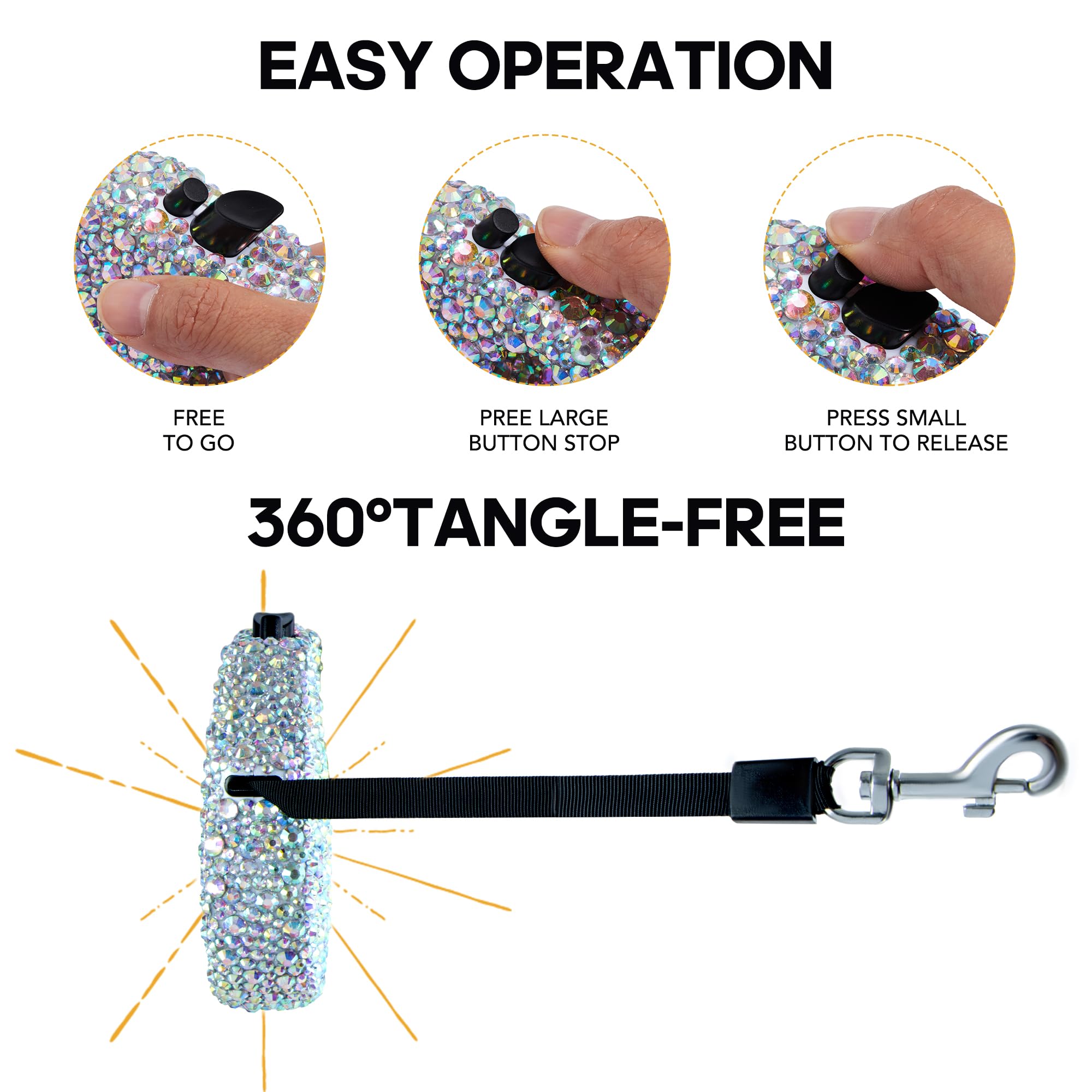 Sparkling Retractable Dog Leash,Rhinestone Pet Walking Leash For Small Medium Dog Cat,Bling Small Puppy Leash,Durable 16 Ft Stro