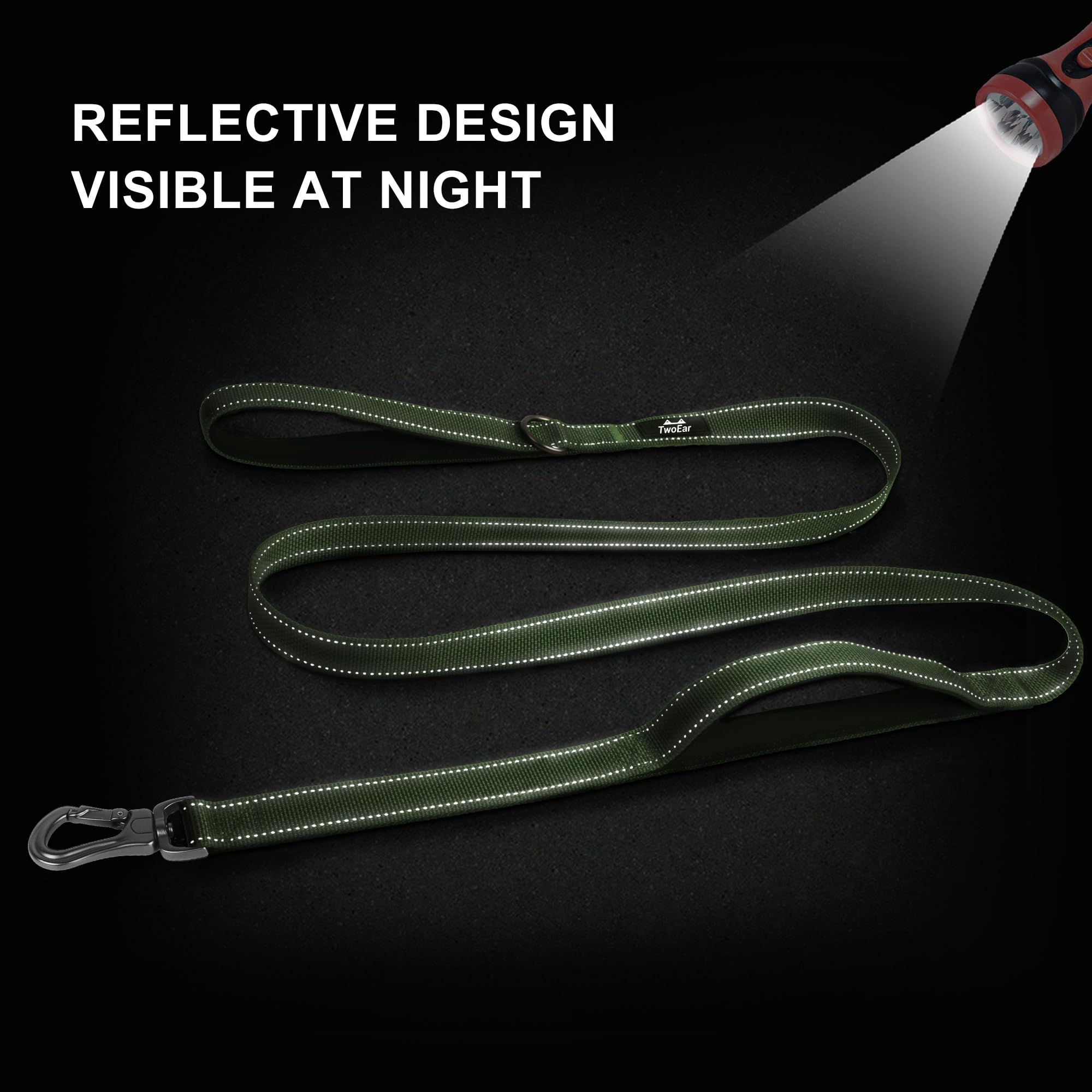 Twoear 4Ft 1In Strong Green Dog Leash With 2 Padded Handles, Traffic Handle Extra Control, Comfortable Soft Dual Handle, Auto Lo