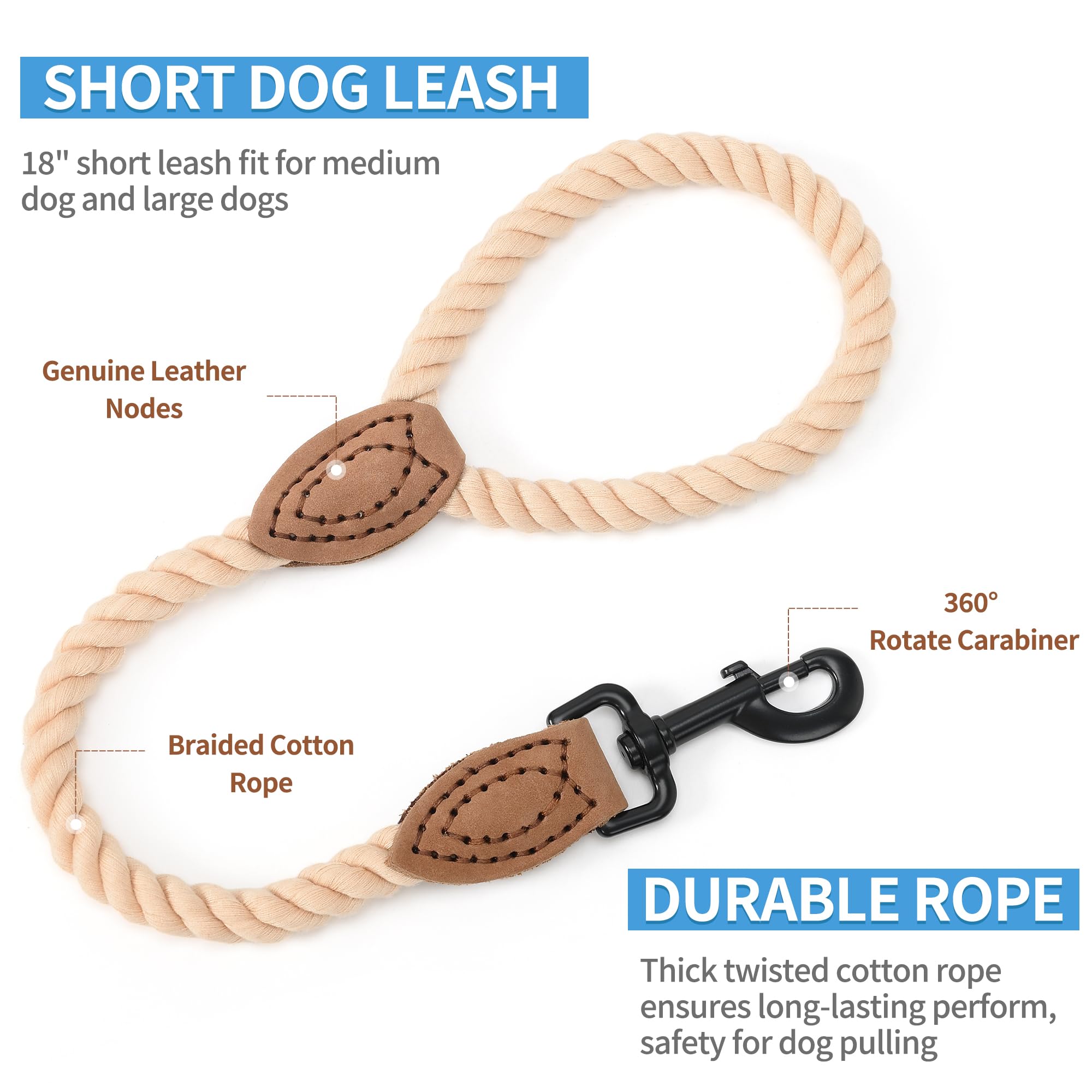Mile High Life Short Dog Leash, Braided Cotton Rope Leashes With Leather Tip - Heavy Duty Metal Clasp, 18In, 1/2'' Thick - Weddi