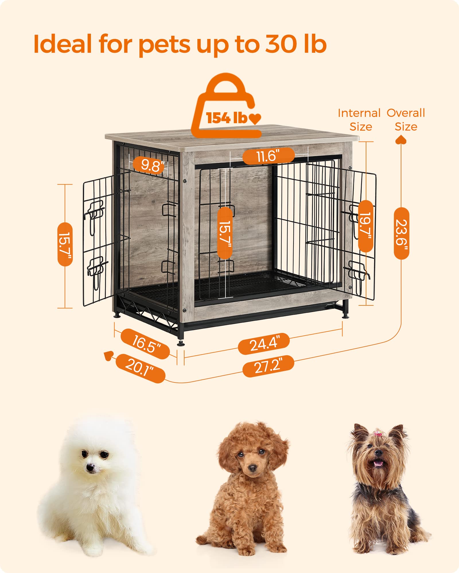Feandrea Dog Crate Furniture, 27.2 Side End Table, Modern Kennel for Dogs Indoor up to 30 lb, Heavy-Duty Dog Cage with Multi-Pur