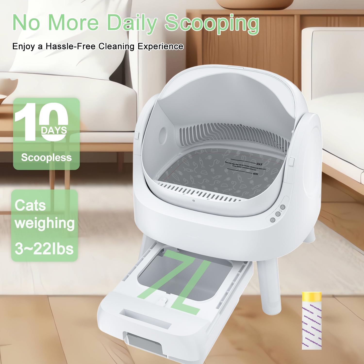Mimfam Autoscooper 11 Self Cleaning Open Top Cat Litter Box, White, Large (21.25'' L X 16.33'' W X 24'' H), Automatic, Self-Clea