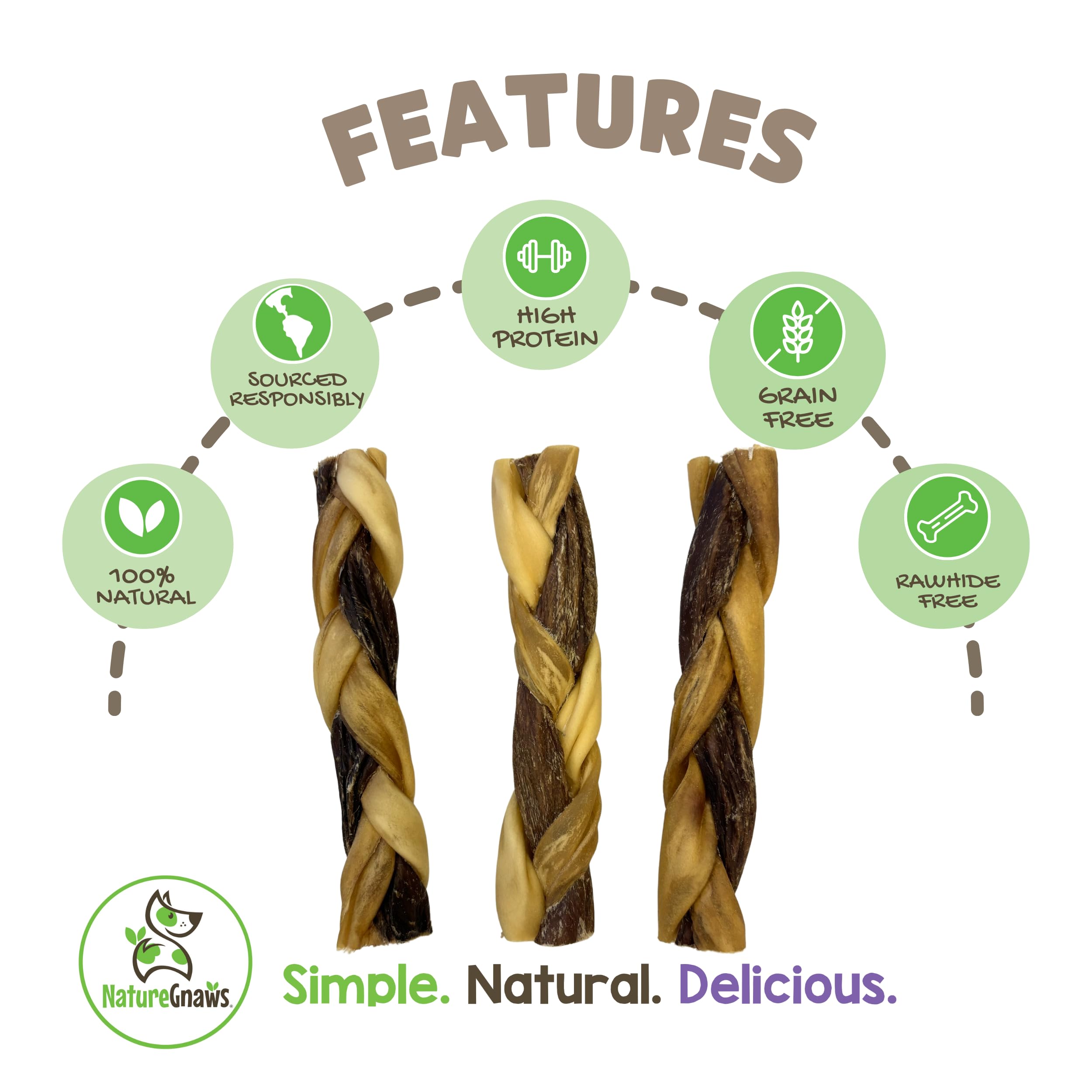 Nature Gnaws Braided Gnaws for Dogs 5-6 (3 Count) - Long Lasting for Small and Medium Dogs - Natural Beef Bully Stick Combo Brai