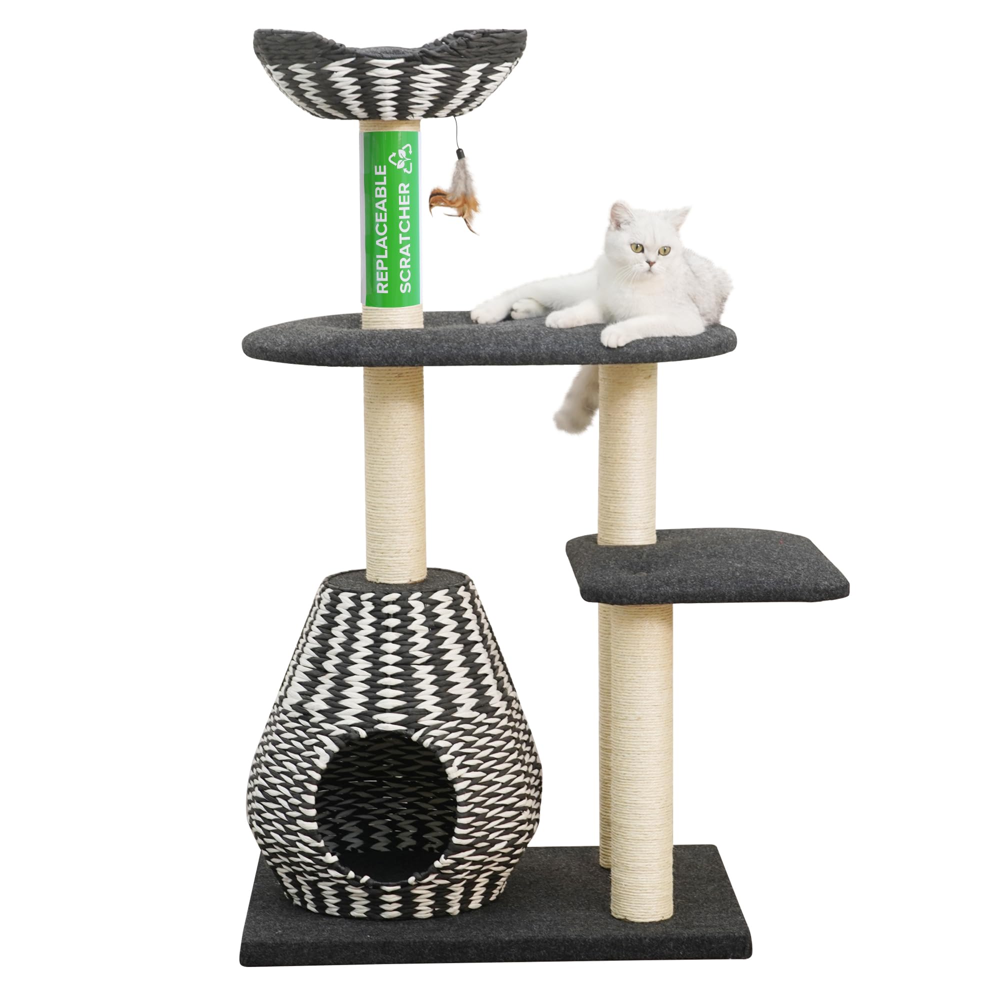 Petpals Cat Tree Royal 3 Level Jet Black And Porcelain White Cat Tree With Toy (Without Cat Self Groomer)