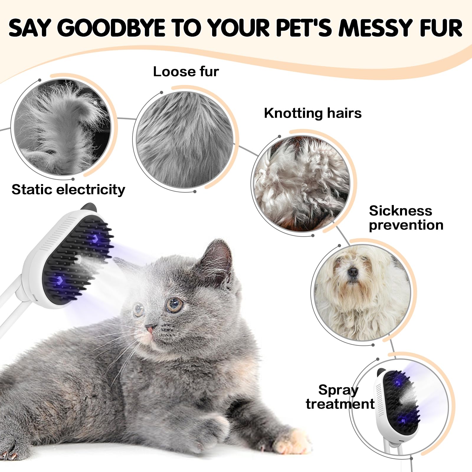 Cat Steam Brush For Shedding, 4 In 1 Water Cat Brushes For Indoor Cats Hair Brush With Spray & Uv Light, Steam Brush For Cat & D