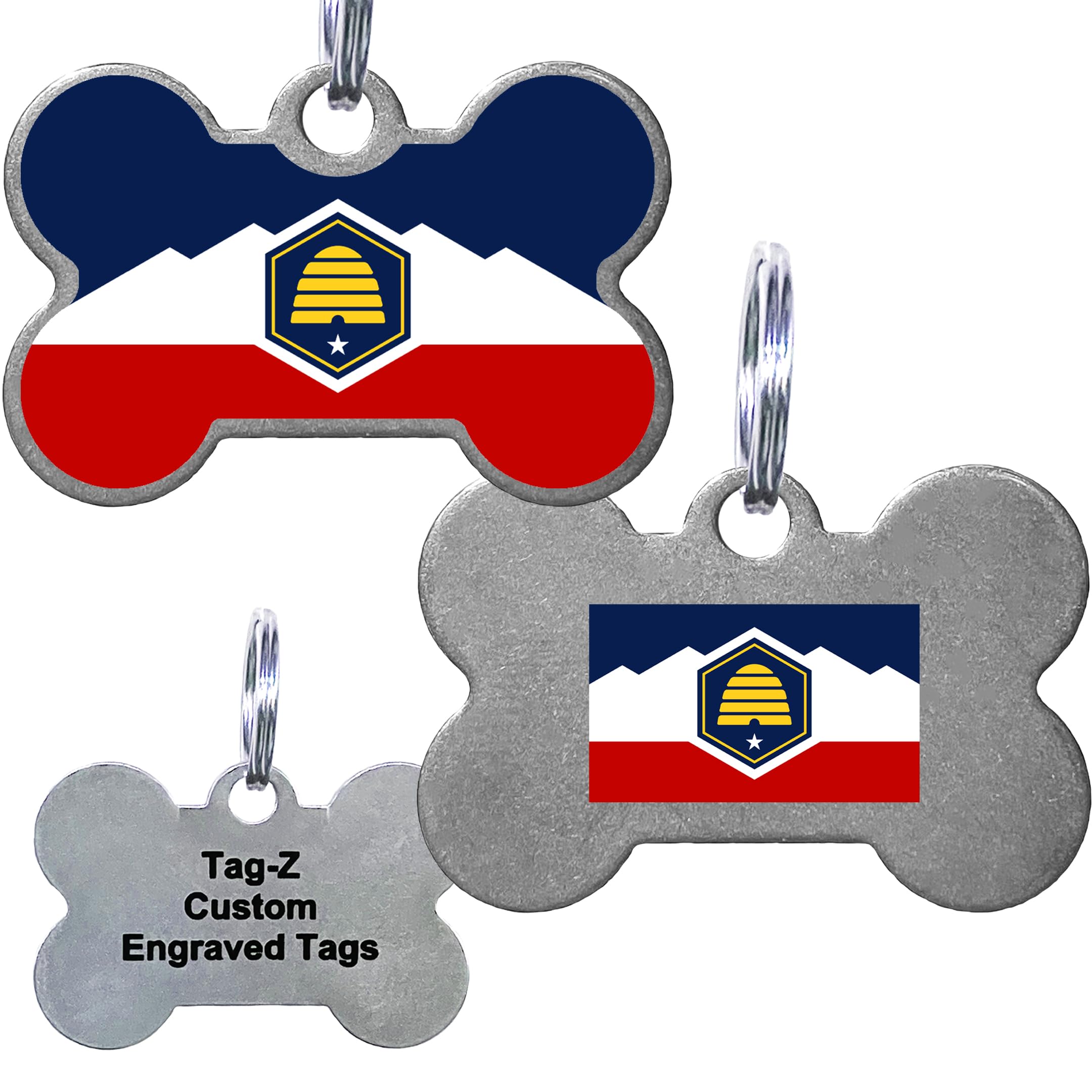 Utah Flag Pet Id Tags, Custom Printed And Laser Engraved Bone