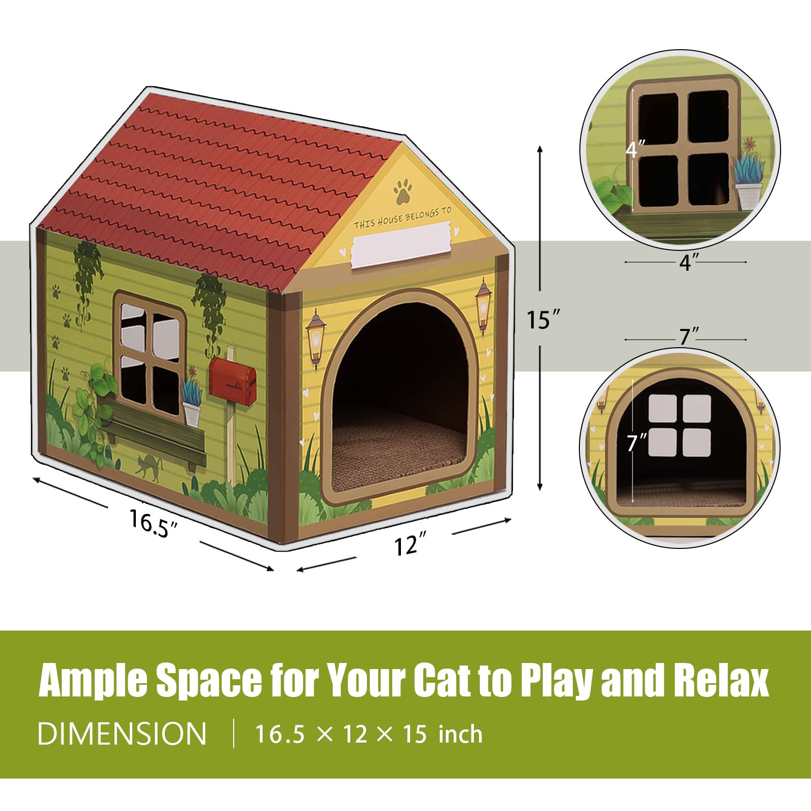 Sekam Cardboard Cat House With Scratcher/Catnip, (16.5''L X 12''W X 15''H) Cat Play House For Indoor Cats - Customized Name Space For Kitties, Arched Forest Cabin Cat Scratch Toy For Cat Birthday