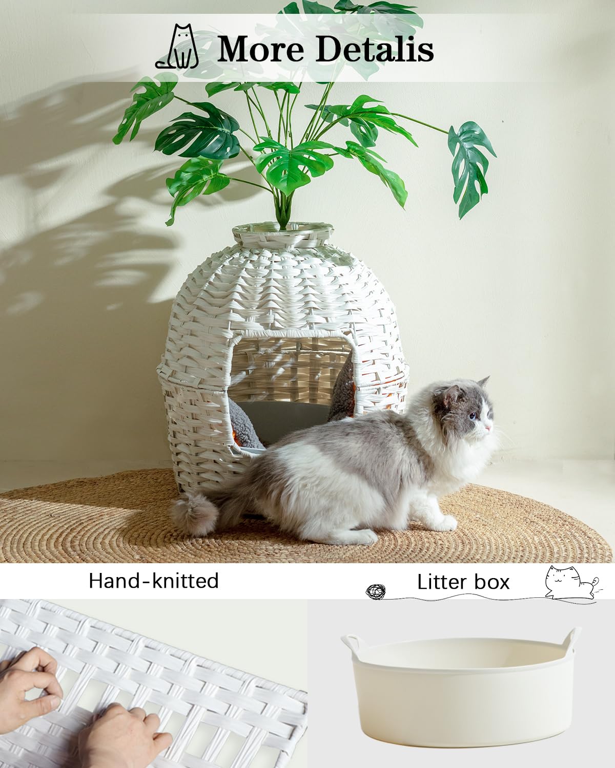 Setvson Cat Litter Box Plant Enclosure, Hidden Handwoven Rattan With Cat Litter Box Furniture And Artificial Plants, Odor Contro