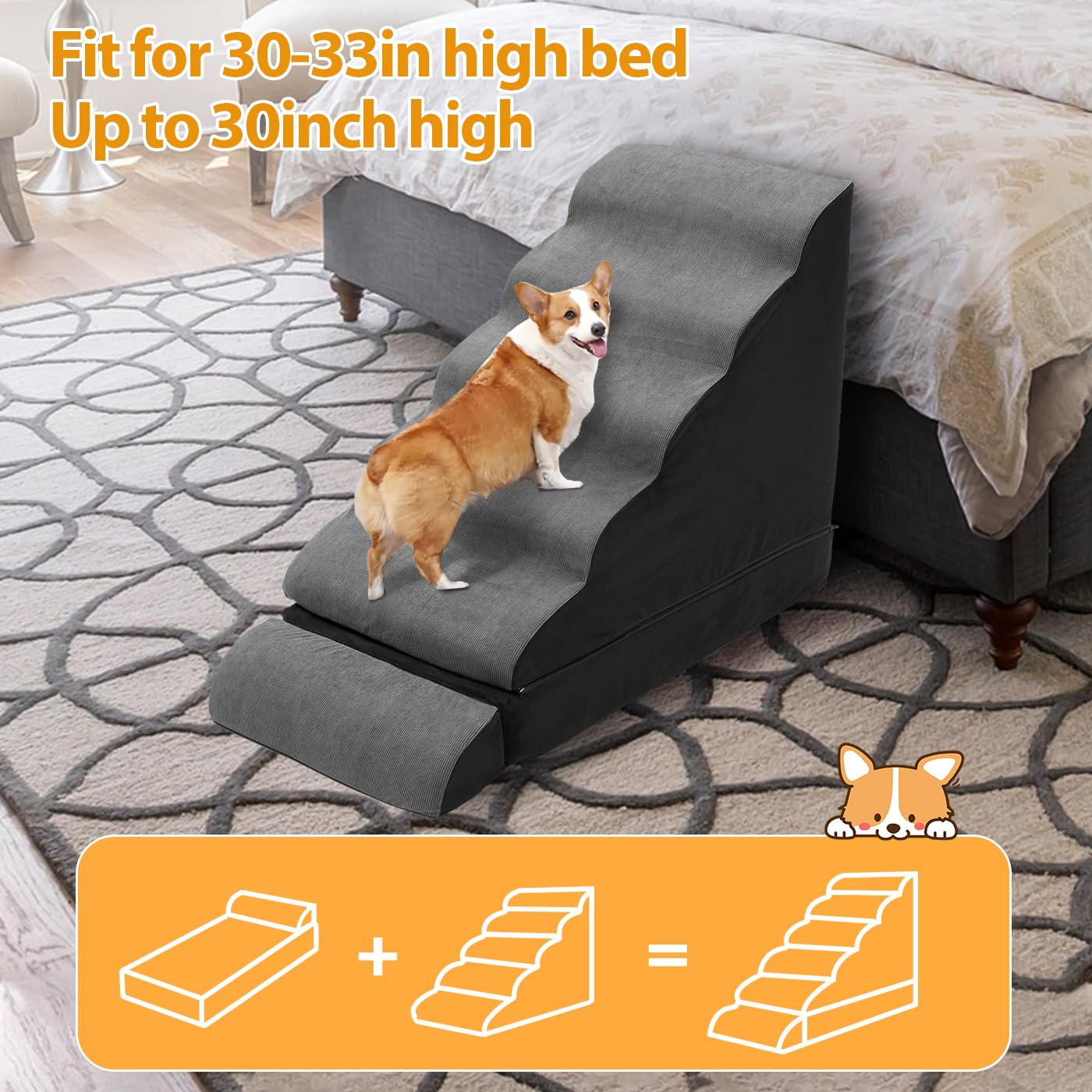 Dog Stairs/Steps for High Beds up to 30-36 inches, A.FATI 6 Step Foam Pet Steps for Small Dogs/Old Pets, 30 H Non-Slip Dog Ramp