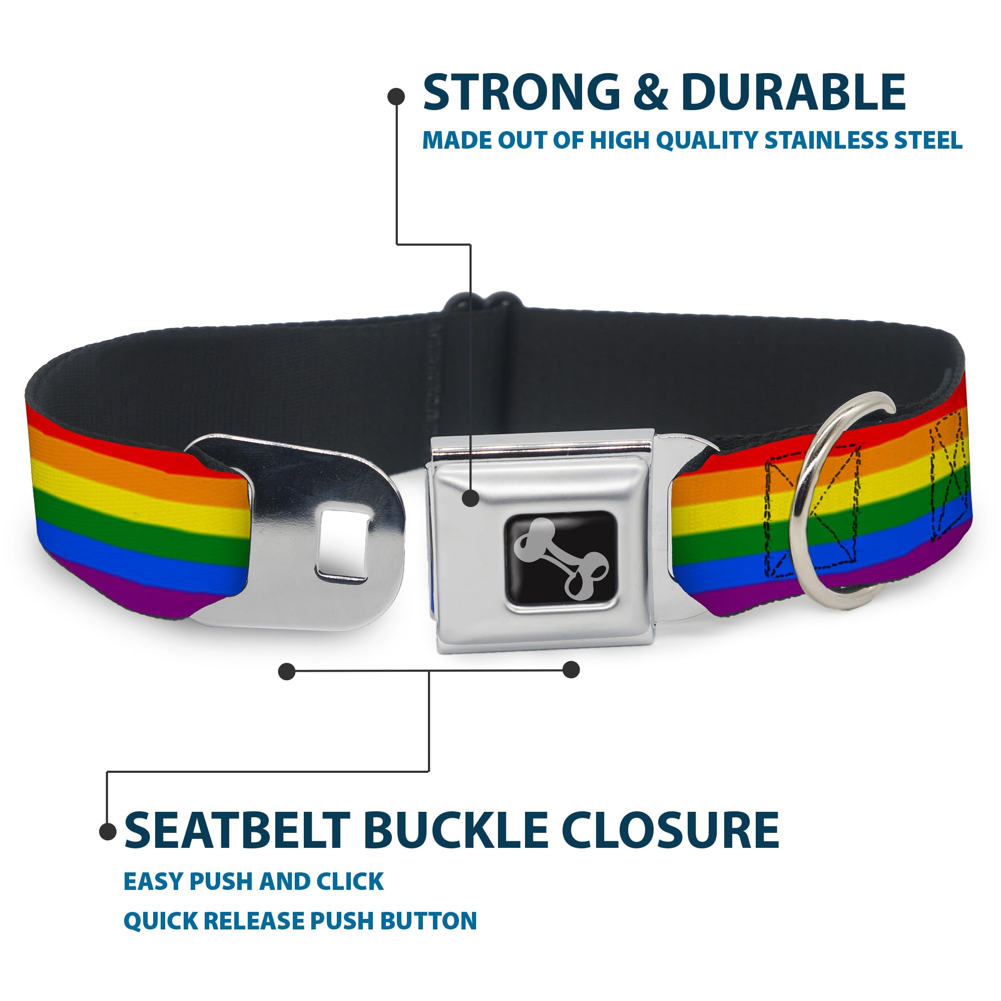 Dog Collar Seatbelt Buckle Flag Pride Rainbow 13 To 18 Inches 1.5 Inch Wide