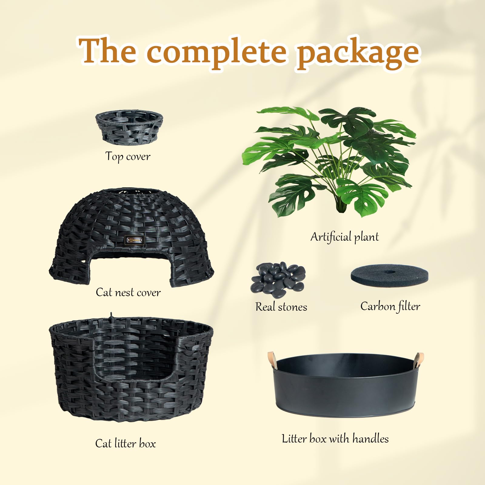 KUREEISE Hidden Litter Box Furniture - Handwoven Rattan Cat House with Artificial Plants, Black, Model RXKE12-BK