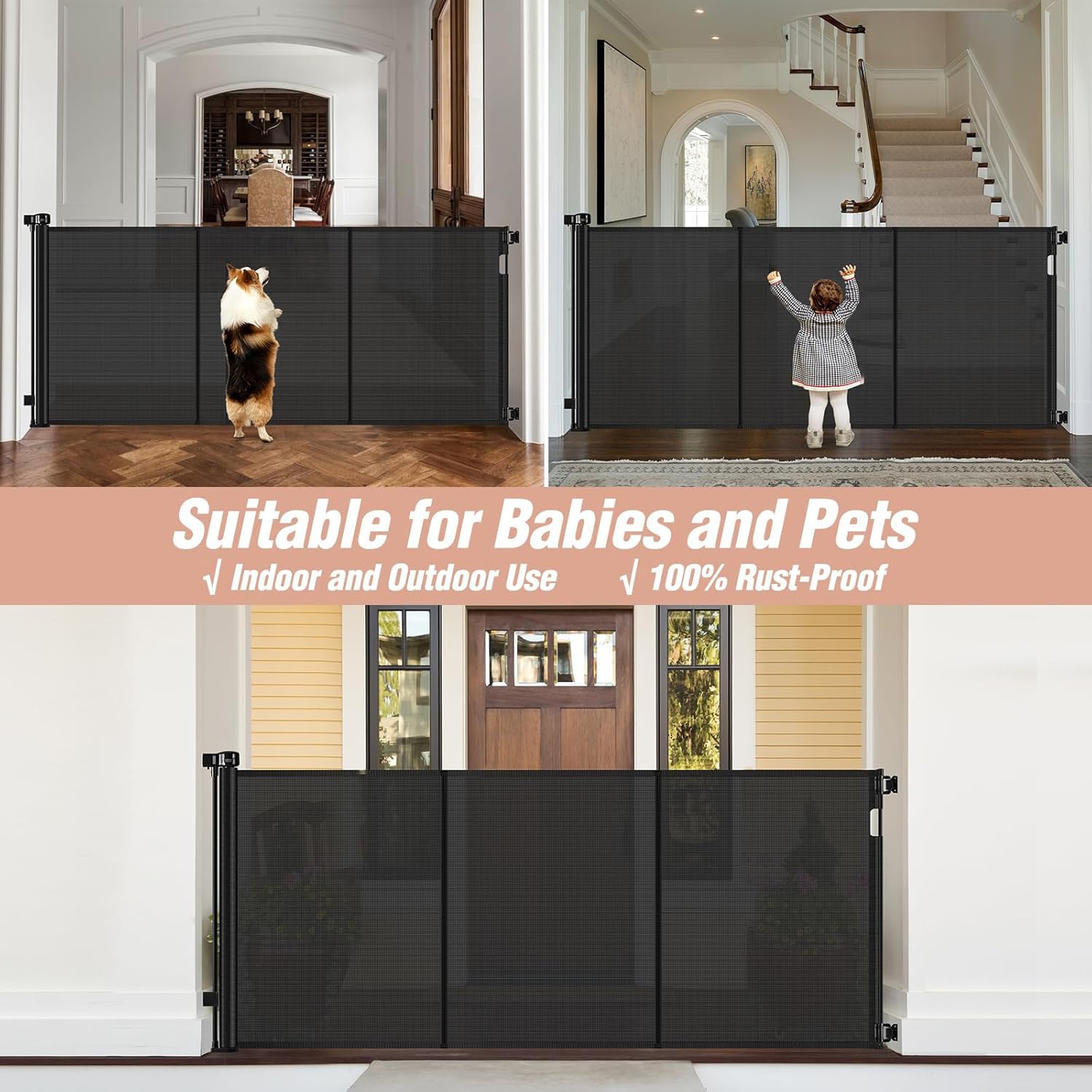 Reinforced 42 Tall x 75 Wide Retractable Baby Gate with Support Rods - Prevents Crawling Under Extra Tall Pet Gate Indoor Mesh G