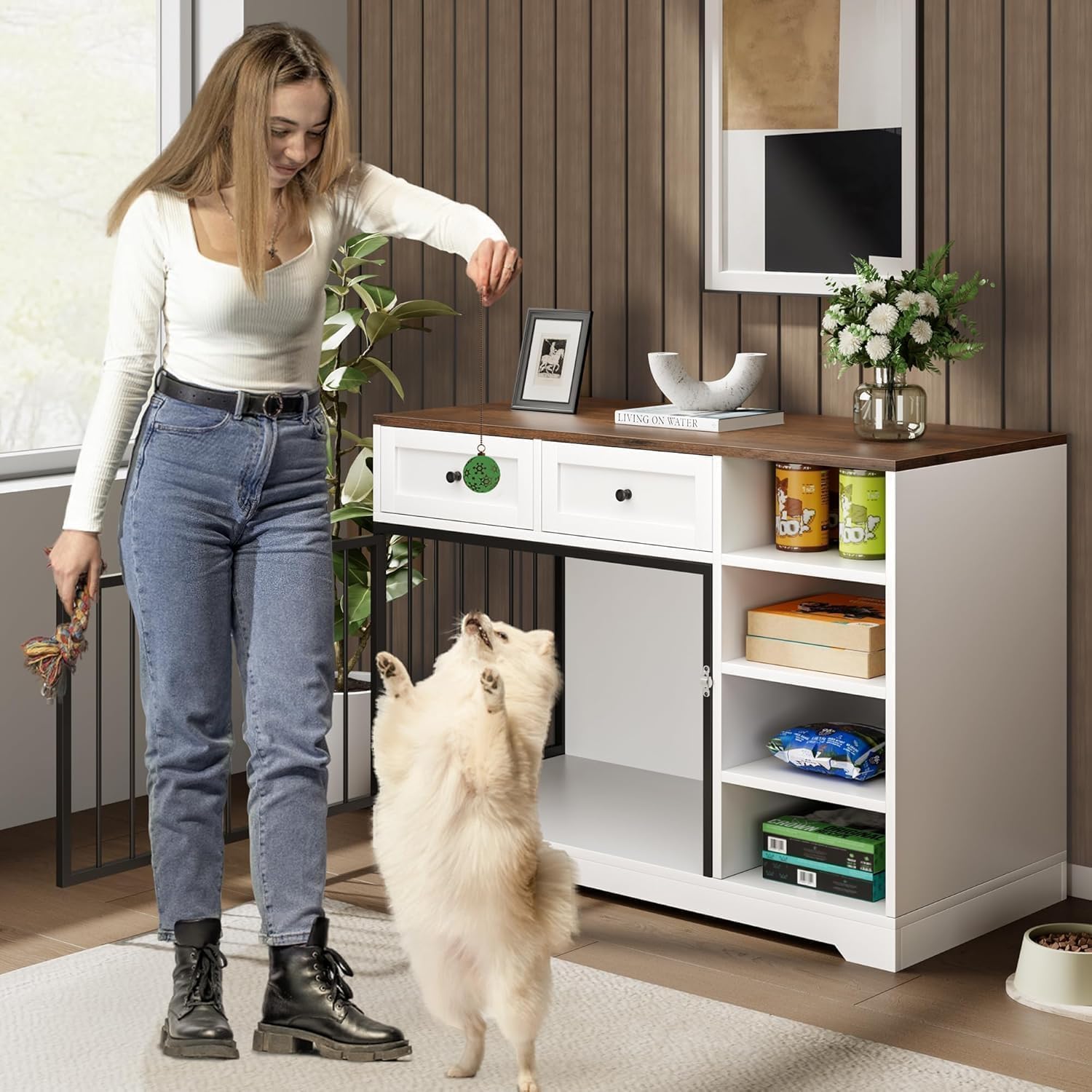 Garvee 47 in Dog Crate Furniture with 2 Storage Drawers, 4 Deep Shelves, Farmhouse Extra Large Wooden Dogs Cage End Table, Multi