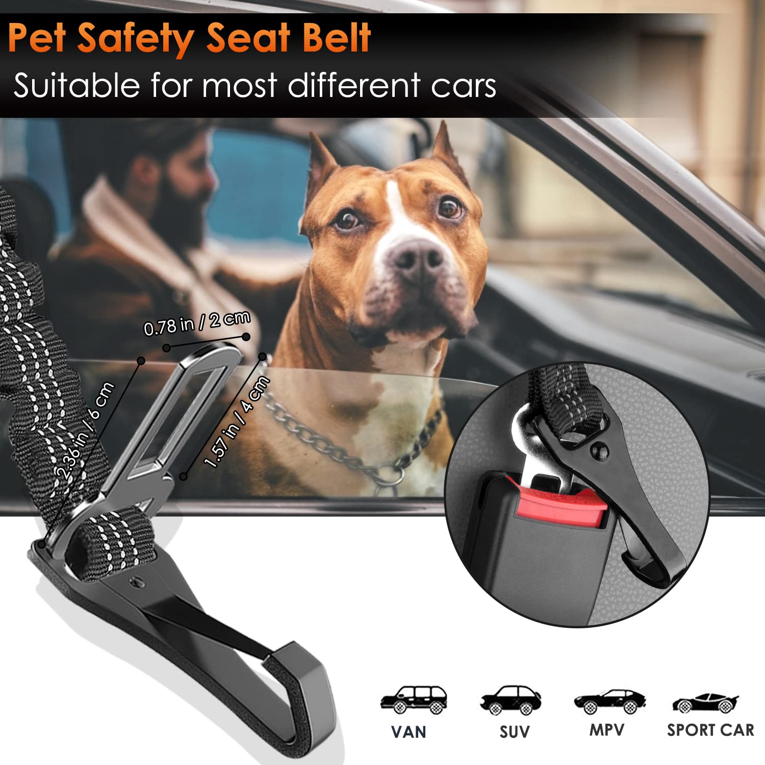 SlowTon Dog Seat Belt, Adjustable 35.5in Nylon Bungee Leash, Black - Reflective Safety Harness Attachment, Model STP38N-L-B-AO