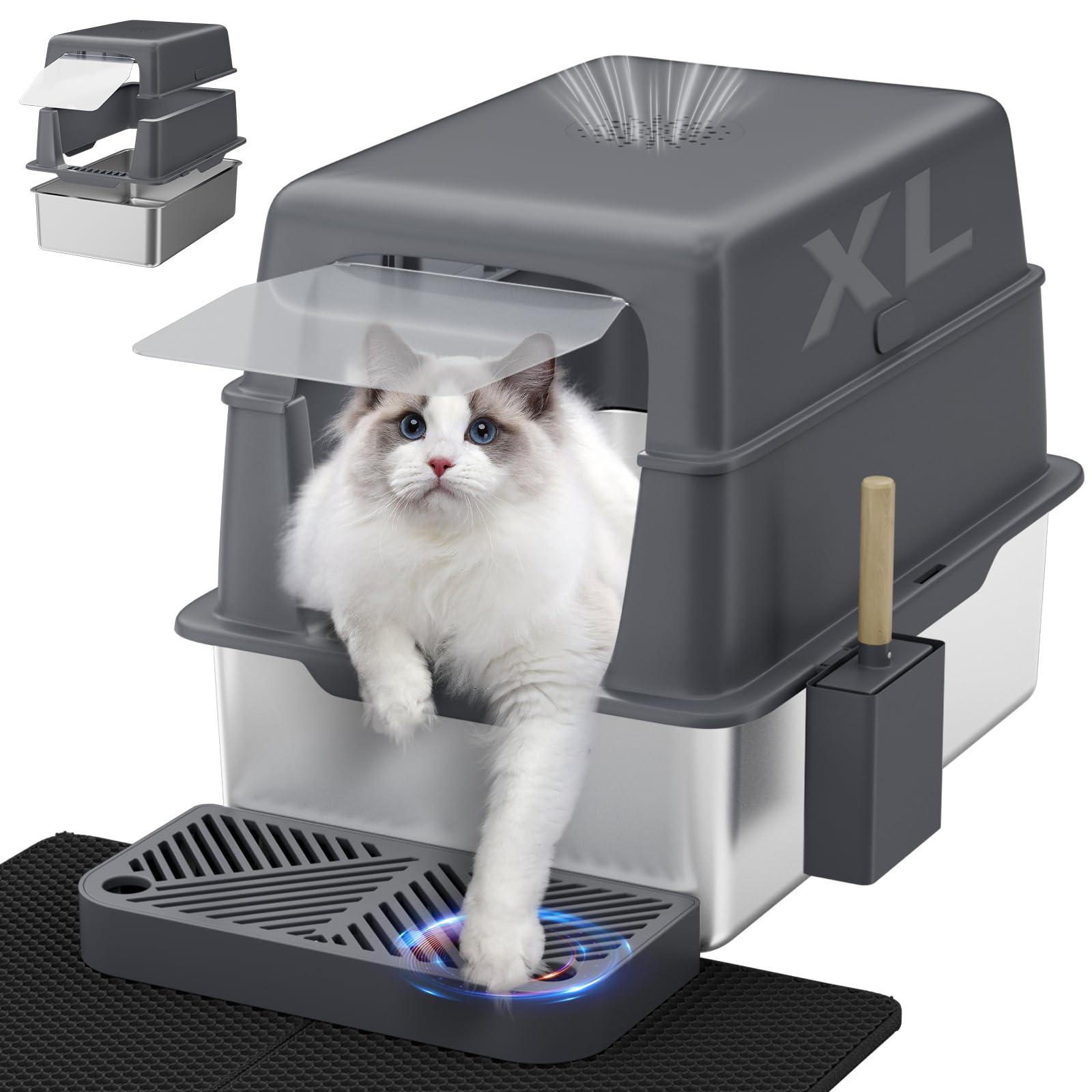 Stainless Steel Litter Box With Lid, Xl Metal Cat Litter Box With Removable High Sided Enclosed, Foot Pedal & Scoop & Litter Mat