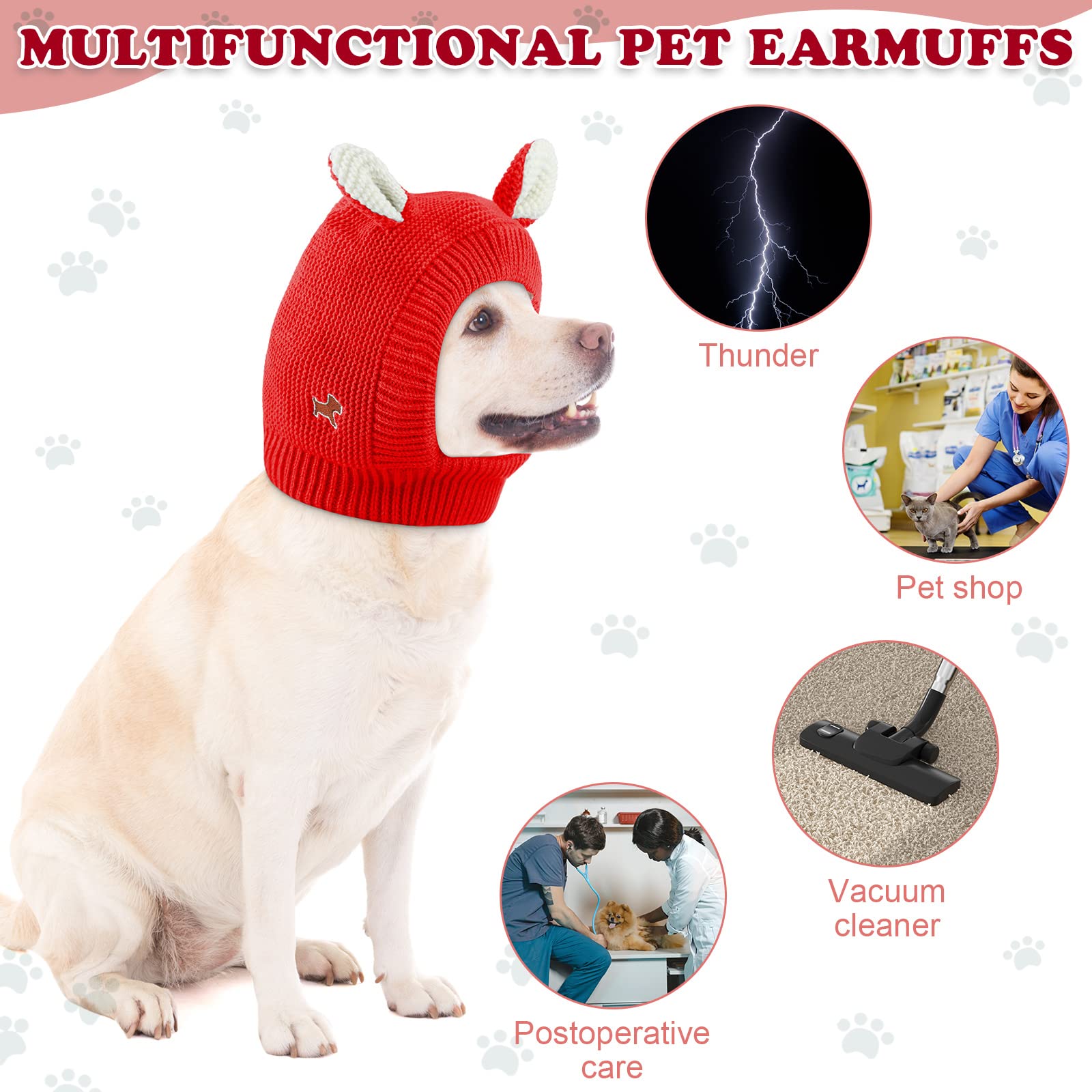 Quiet Ears For Dogs, Dog Ear Muffs Noise Protection Knitted Pet Ears Snood Head Wrap Hats For Medium To Large Cats Pets(Red)