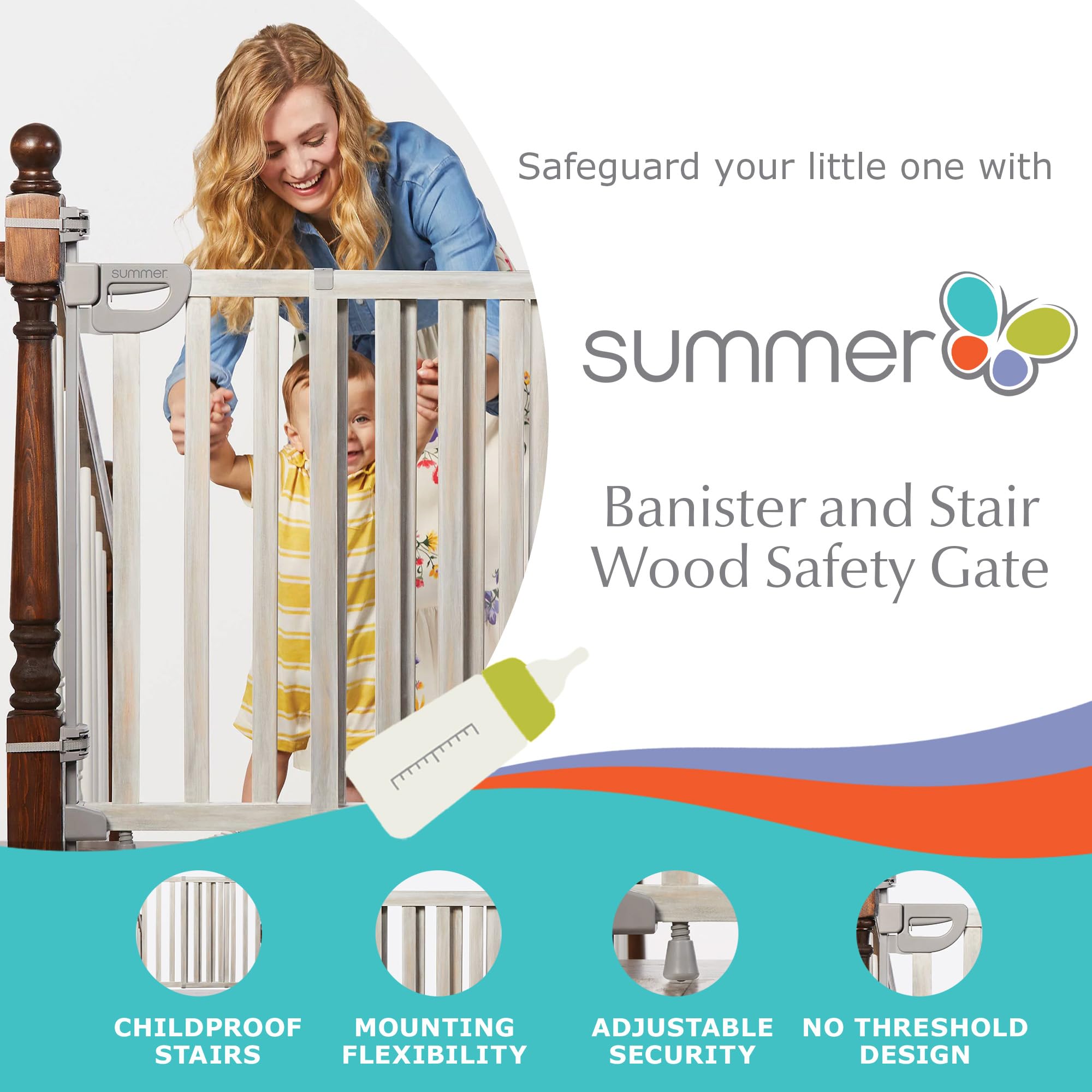 Summer Infant Banister And Stair Wood Safety Gate With Extra Wide Door Design And Comfort Grip Handle For Easy One Handed Release, Multicolor