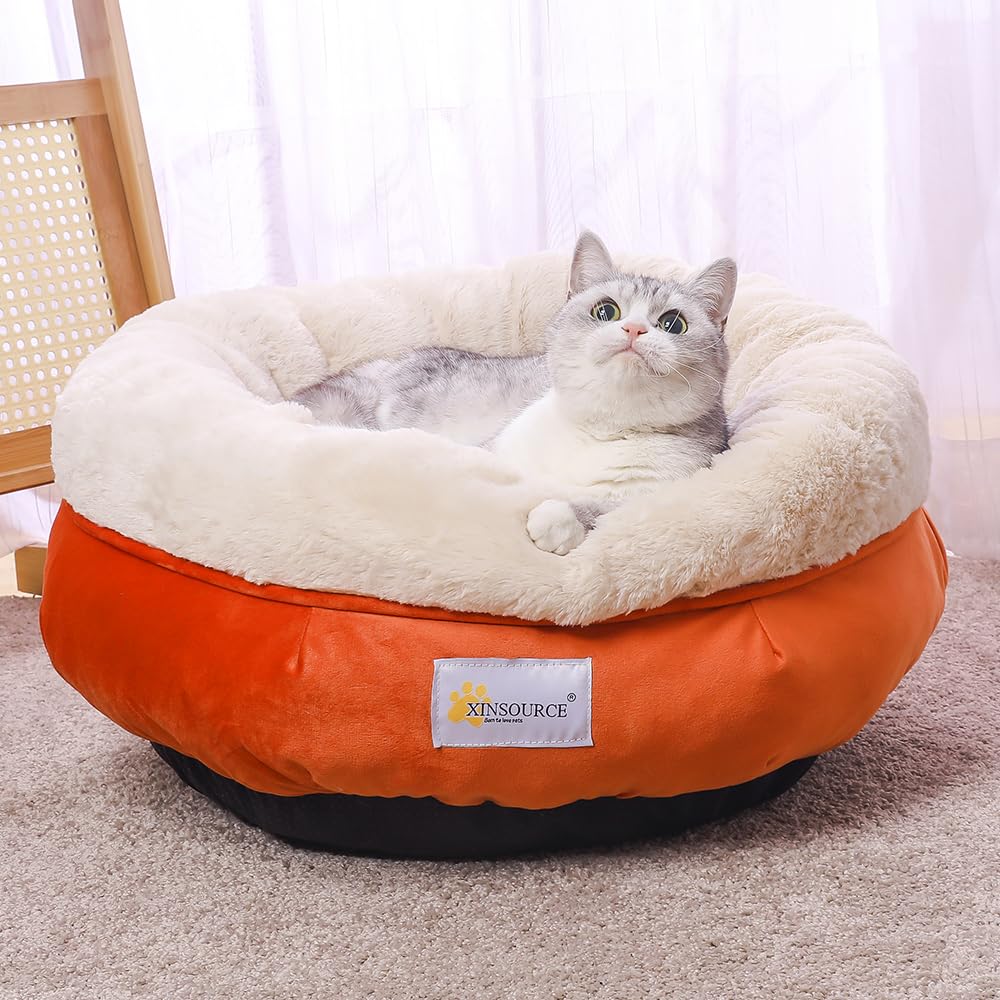 Xinsource Cozy Round Pet Bed - High Walls For Extra Support, Soft Plush Interior, Orange/Grey With Non-Slip Bottom, Machine Wash