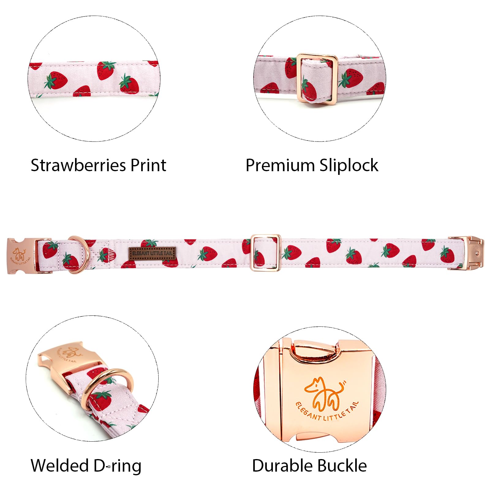 Elegant Strawberries Print Summer Dog Collar - Durable Cotton Collar With Metal Buckle For Large Dogs