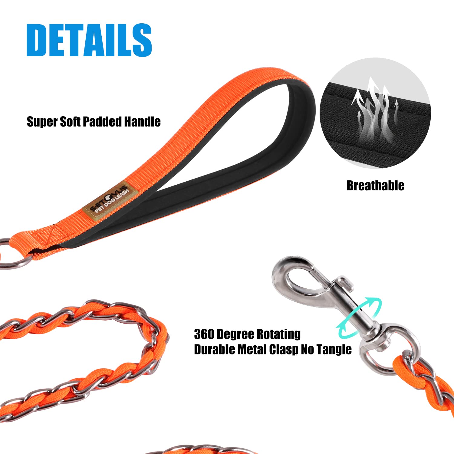 S-ETOVUS Chew Proof Metal Dog Leash - 5FT Chain Link, Anti-Bite, Soft Padded Handle, Orange for Medium & Large Dogs