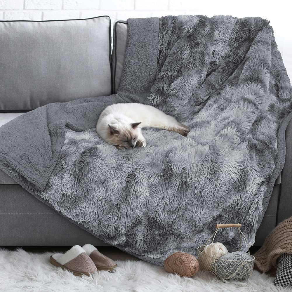 Petami Fluffy Waterproof Dog Blanket | Faux Fur Pet Fleece Shag Throw For Dogs And Cats | Fuzzy Furry Soft Plush Sherpa Throw Furniture Protector Sofa Couch Bed (Tie-Dye Gray, 29X40)