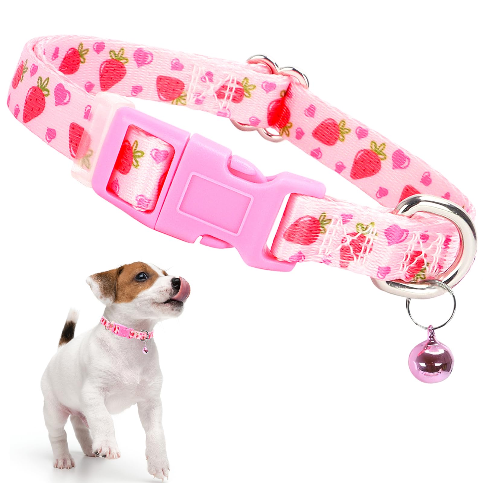 Cute Pink Small Dog Collar With Bell, Soft Adjustable Strawberry Puppy Collar Tiny Cat Collars With Bells For Xs Small Girl Fema