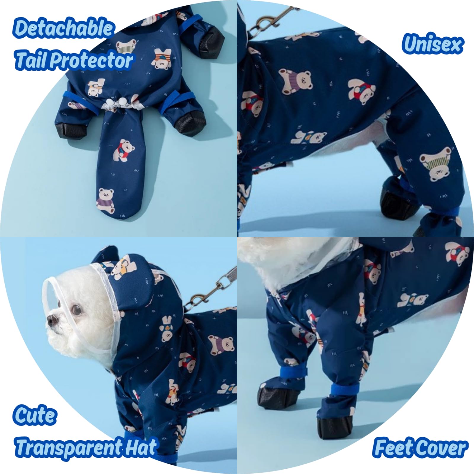 Harikaji Small Dog Raincoat, Tail Protect Feet Cover Waterproof Dog Rain Jacket Dog Rain Coat For Puppy Small Dogs (Navy Bear,M)