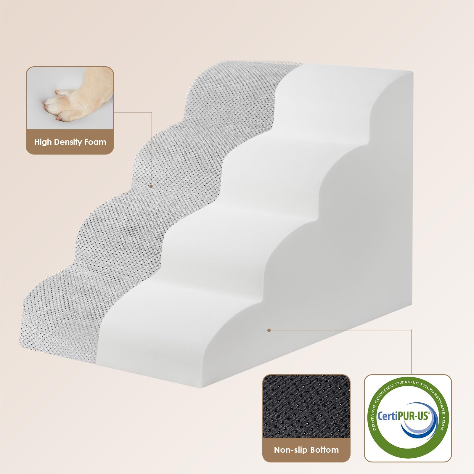 Eheyciga Curved Dog Stairs Ramp For High Beds 19.7' H, 4-Step Dog Steps For Small Dogs And Cats, Pet Stairs For High Bed Climbing, Non-Slip Balanced Pet Step Indoor, Light Grey