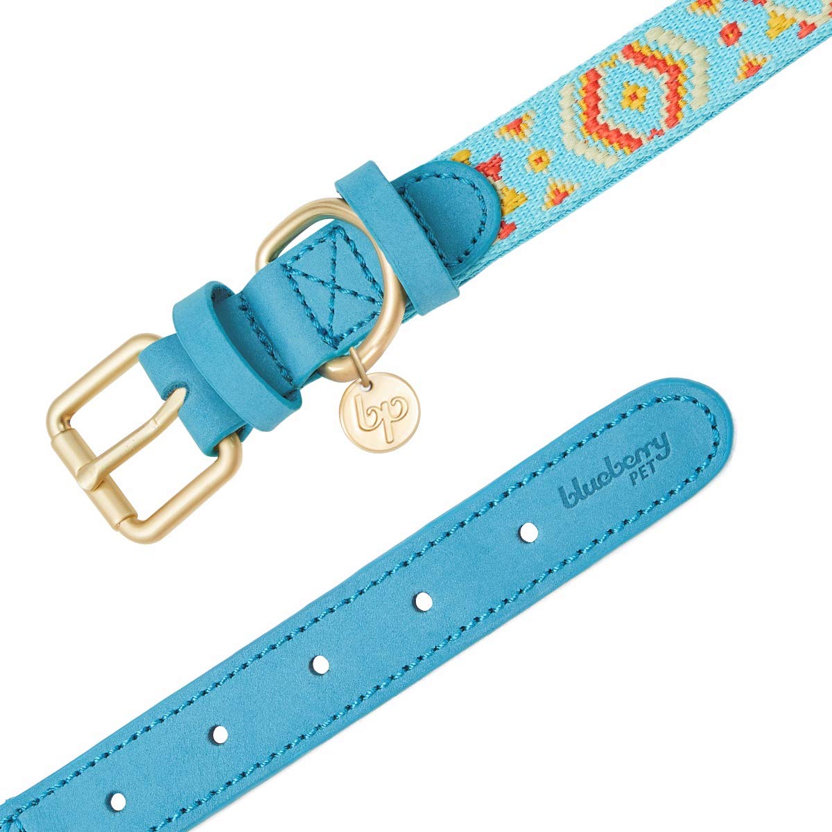 Blueberry Pet 3 Patterns Southwestern Magical Tribal Print Genuine Leather & Polyester Fabric Combo Dog Collar with Metal Buckle