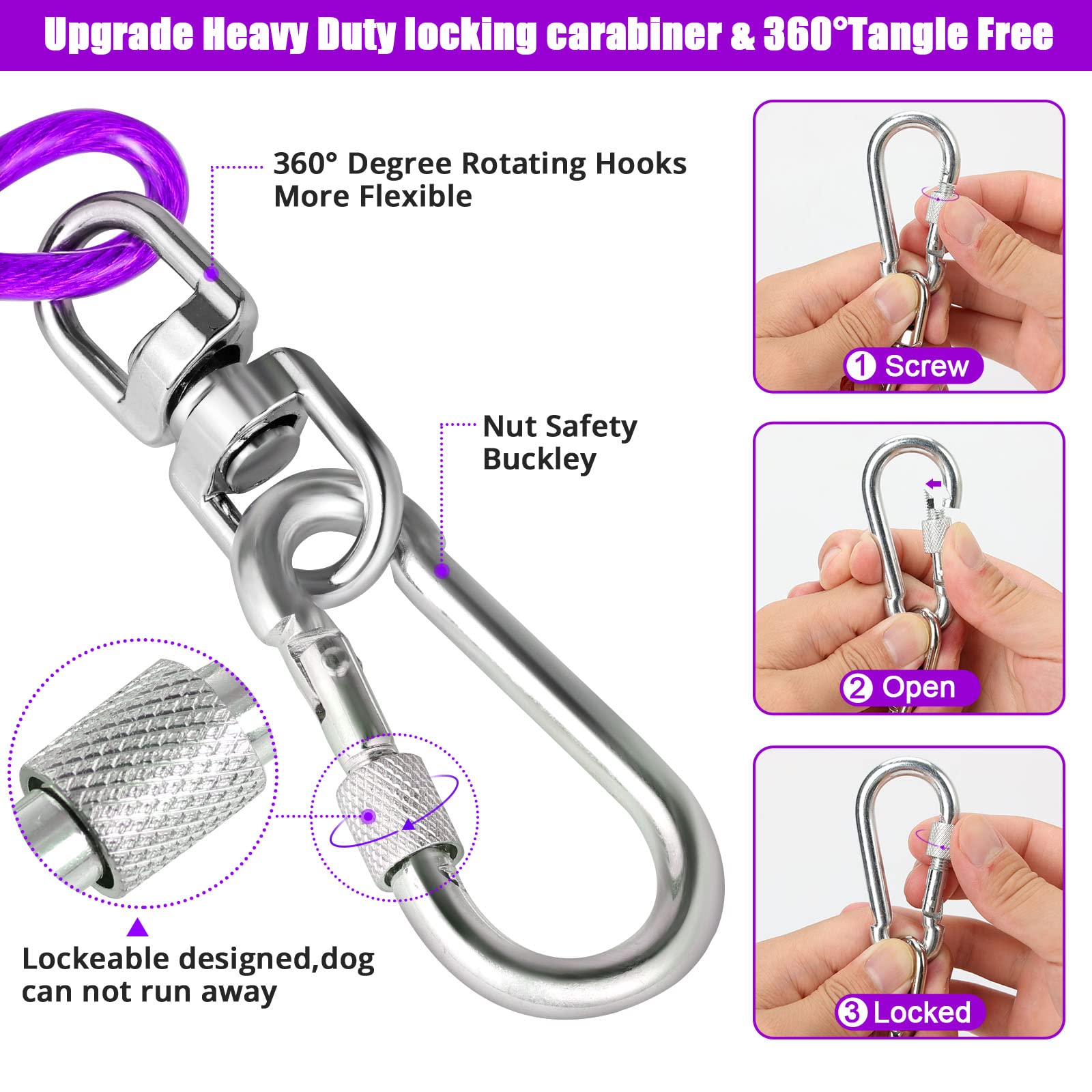Jenico Dog Tie Out Cable - 10/15/20/30/40/50/70/100/150FT Runner Cable with Swivel Hook and Shock Spring, Leash Tether for Yard,
