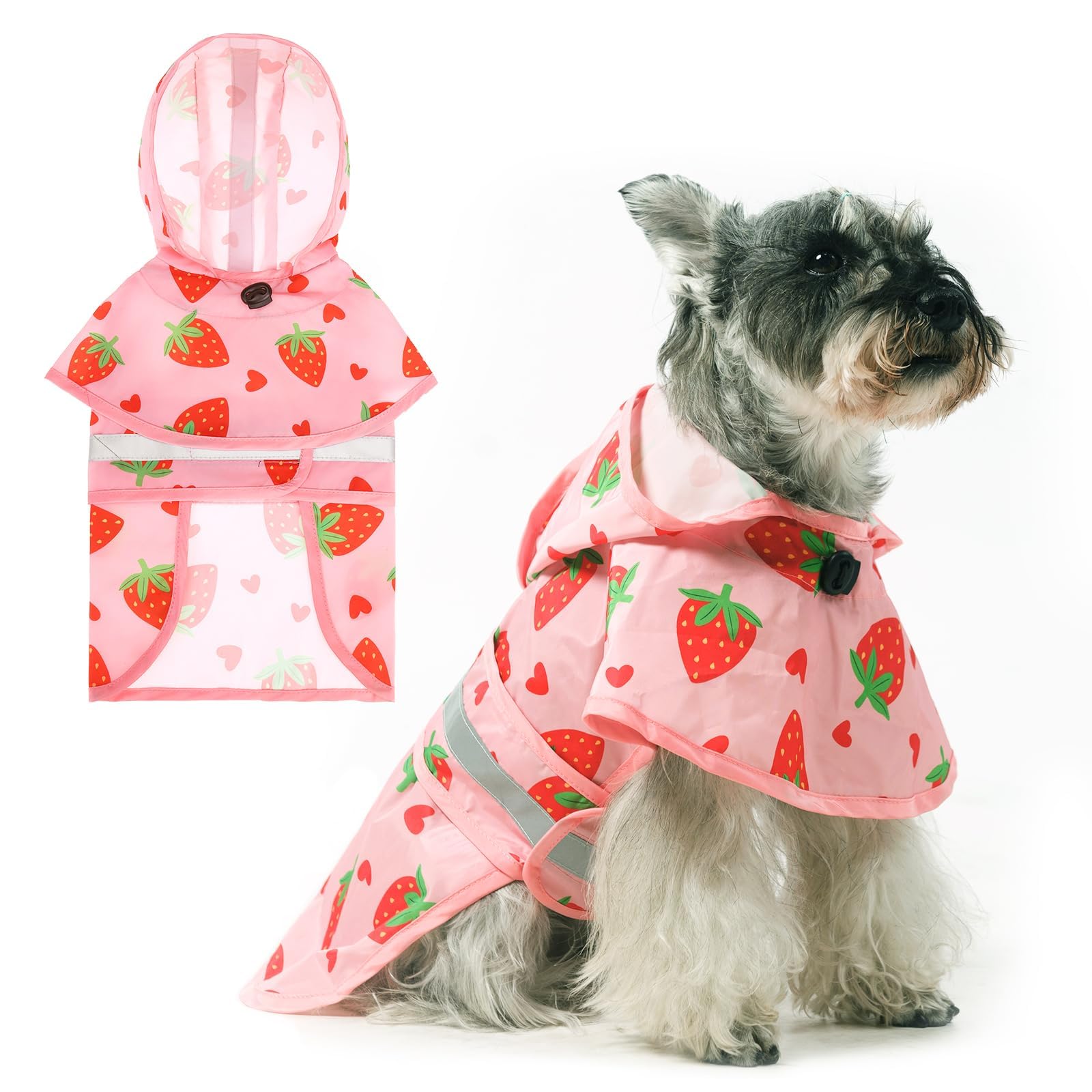 Kooltail Dog Raincoat Hooded Slicker Poncho With Leash Hole, Strawberry S: Waterproof Dog Rain Jacket, Reflective Strip, Adjusta