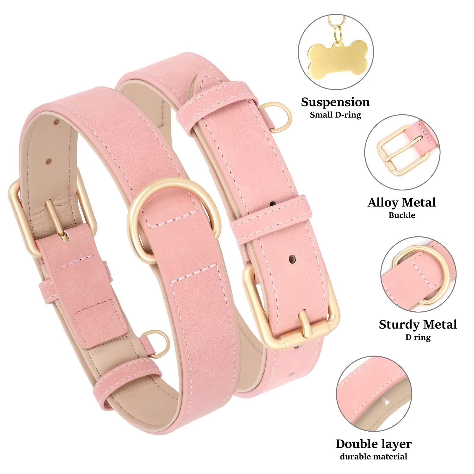 Didog Soft Padded Leather Dog Collar, Adjustable Pink Dog Collar For Large Dogs With Heavy Duty Metal Buckle And D Ring,Pink,Xl