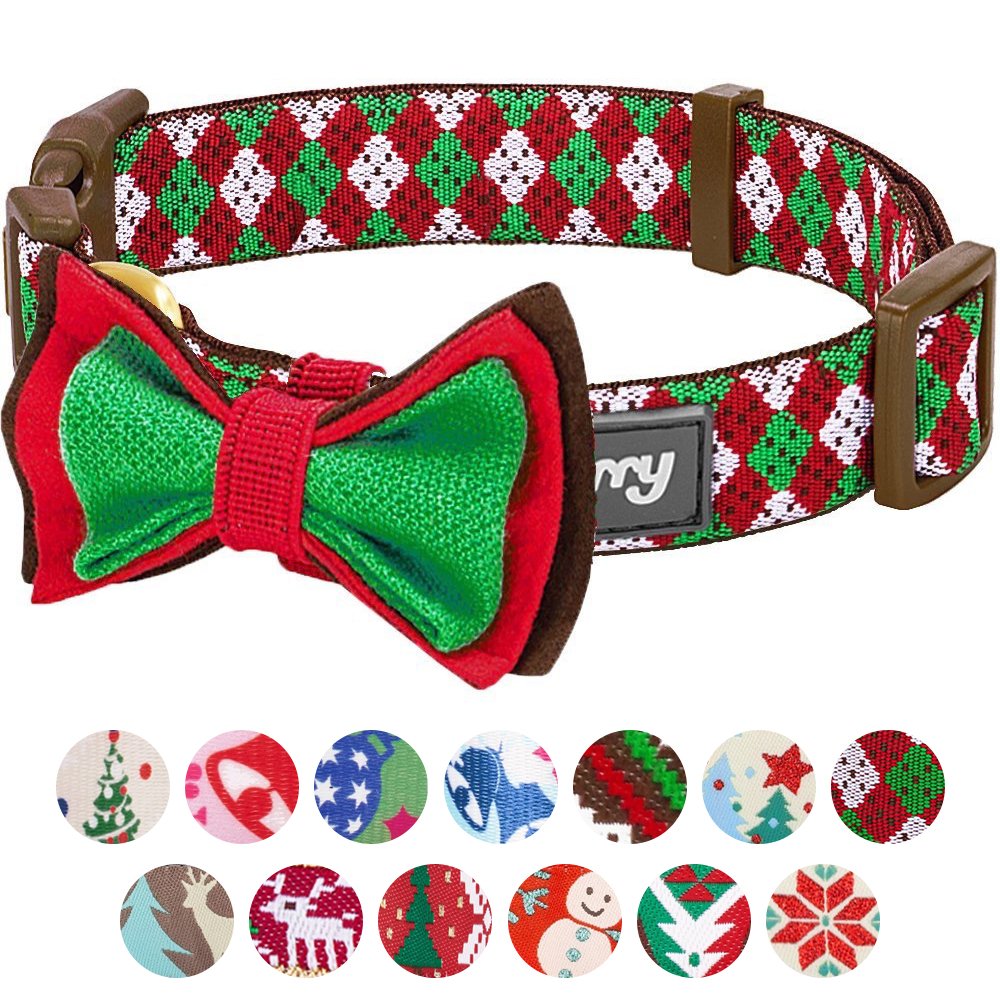 Blueberry Pet 4 Patterns Christmas Party Fair Isle Style Adjustable Dog Collar With Detachable Bow Tie, Medium, Neck 14.5'-20'