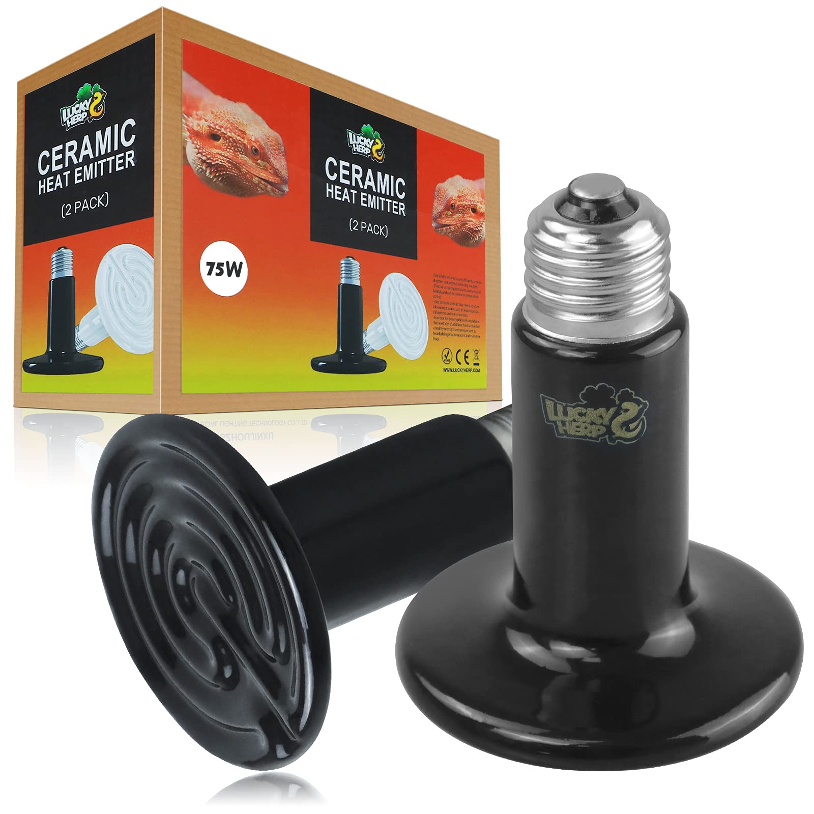 Lucky Herp 75W Ceramic Heat Emitter, Reptile Heat Bulbs, Ceramic Heat Lamp For Reptiles, Amphibian, Chicken, Dog, Cat (2-Pack)