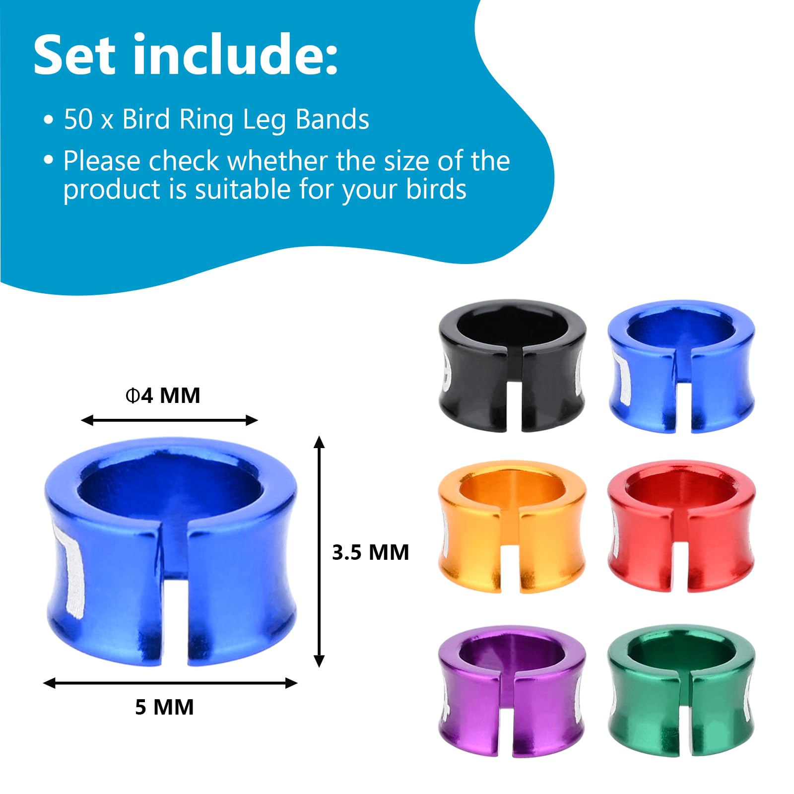 Generic Aluminum Open Bird Foot Ring Bands - Multi-Colored, 4.0MM, 50 PCS Pack for Pigeons, Parrots, Doves Training
