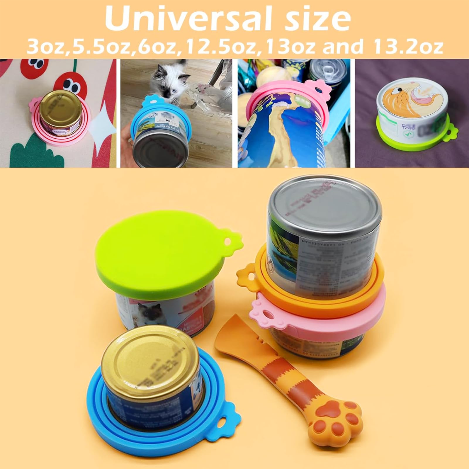 IVIA PET Food Can Spoon & Lids, One Multi-Functional Opener Spatula, 4 PCS BPA Free Silicone Universal Can Covers, Cute Paw Shap